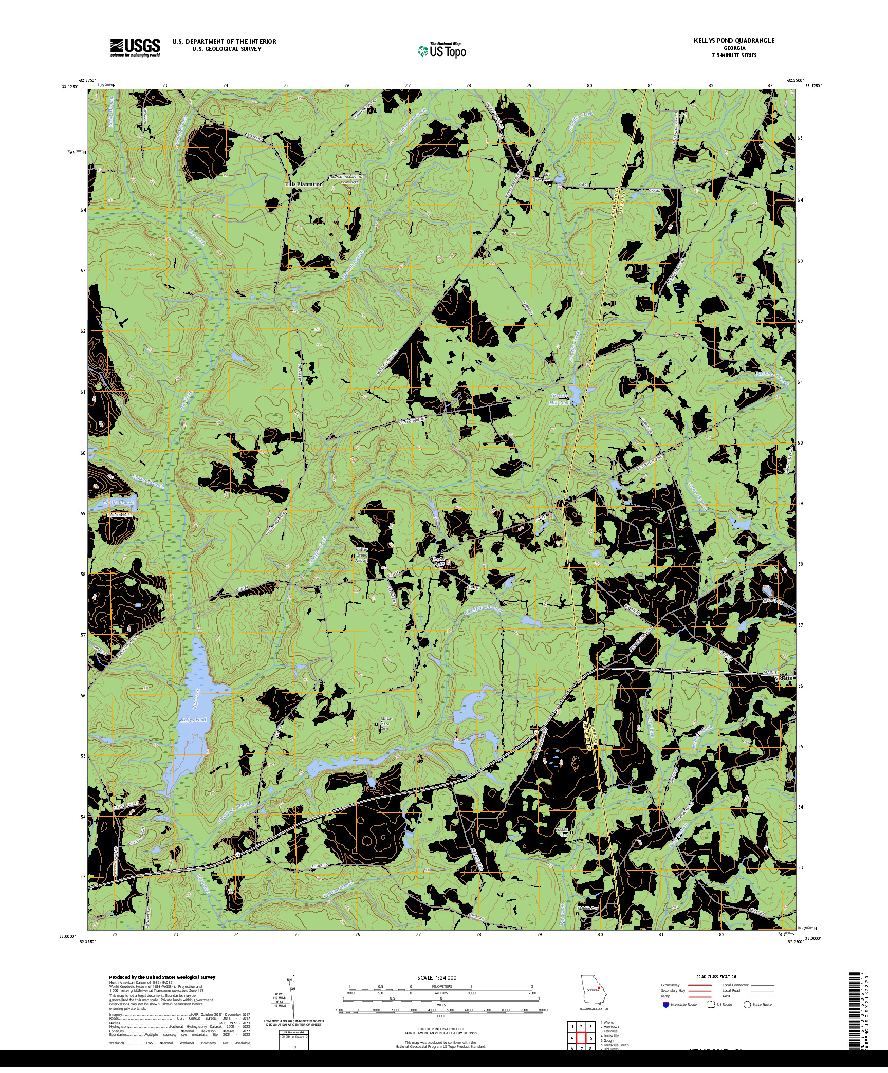 US TOPO 7.5-MINUTE MAP FOR KELLYS POND, GA