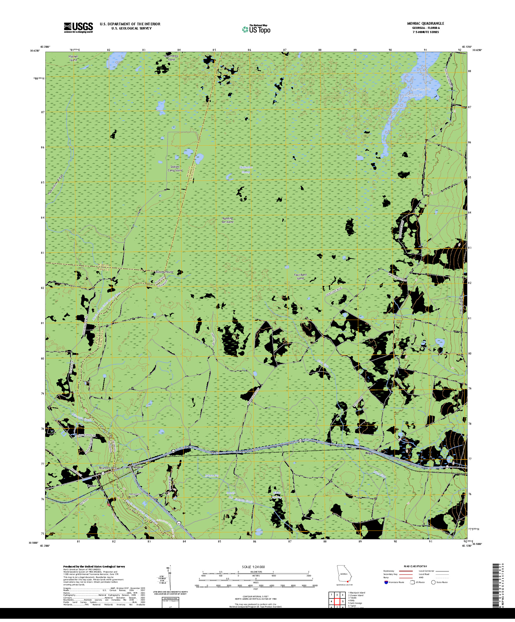 US TOPO 7.5-MINUTE MAP FOR MONIAC, GA,FL