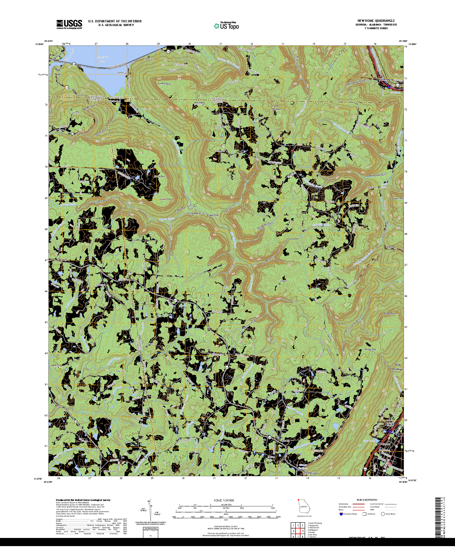 US TOPO 7.5-MINUTE MAP FOR NEW HOME, GA,AL,TN