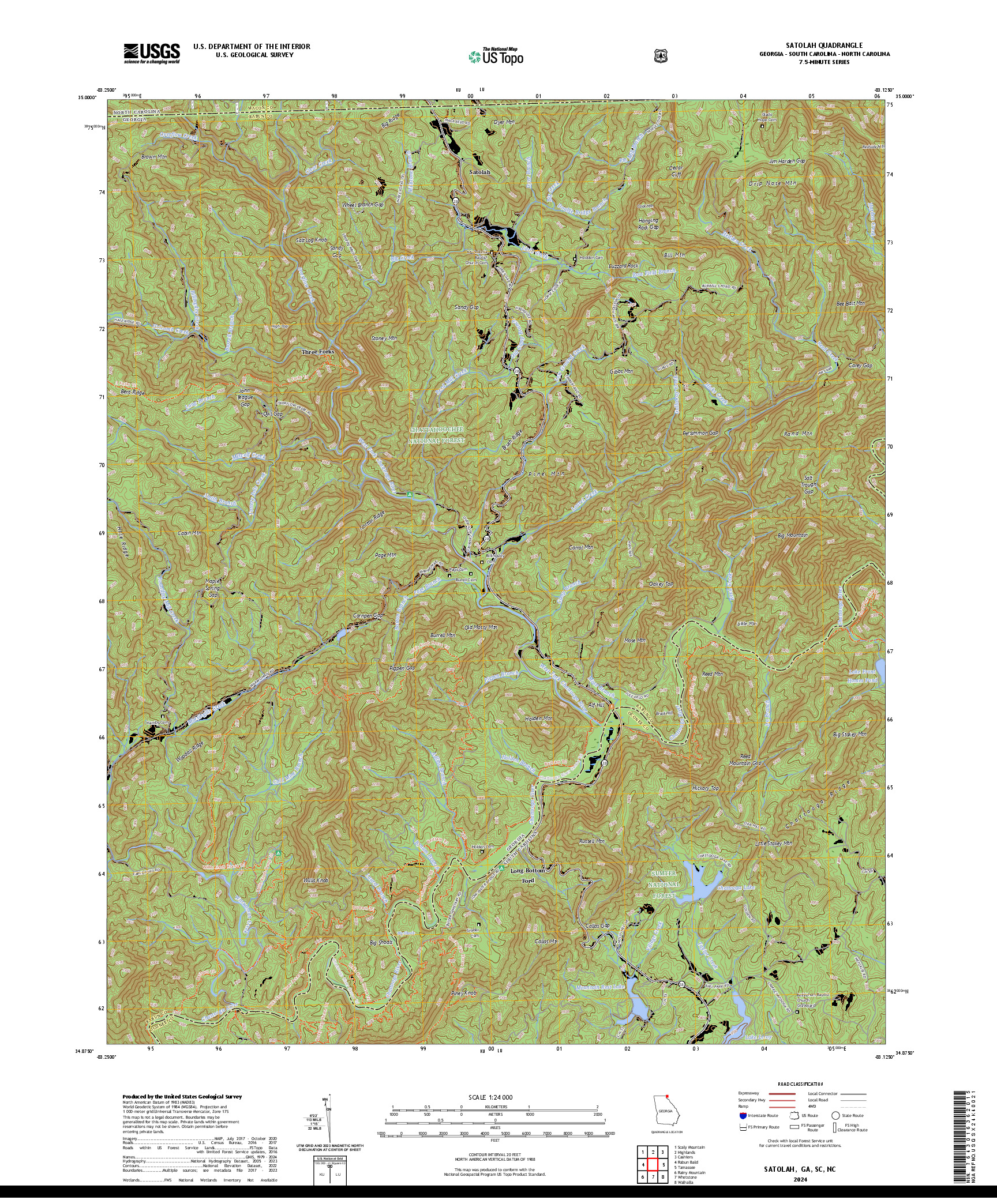 US TOPO 7.5-MINUTE MAP FOR SATOLAH, GA,SC,NC