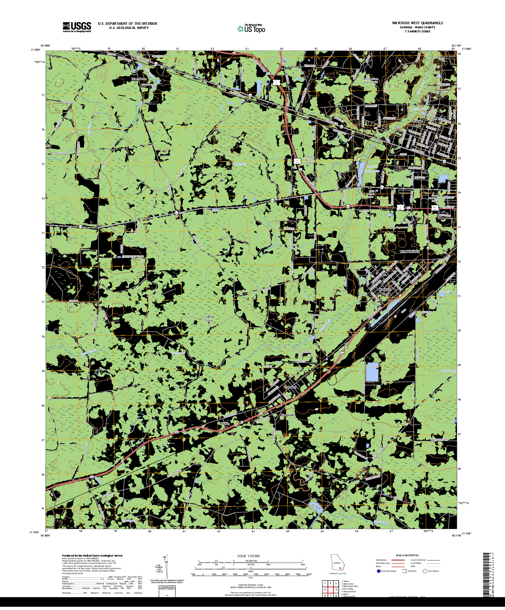 US TOPO 7.5-MINUTE MAP FOR WAYCROSS WEST, GA
