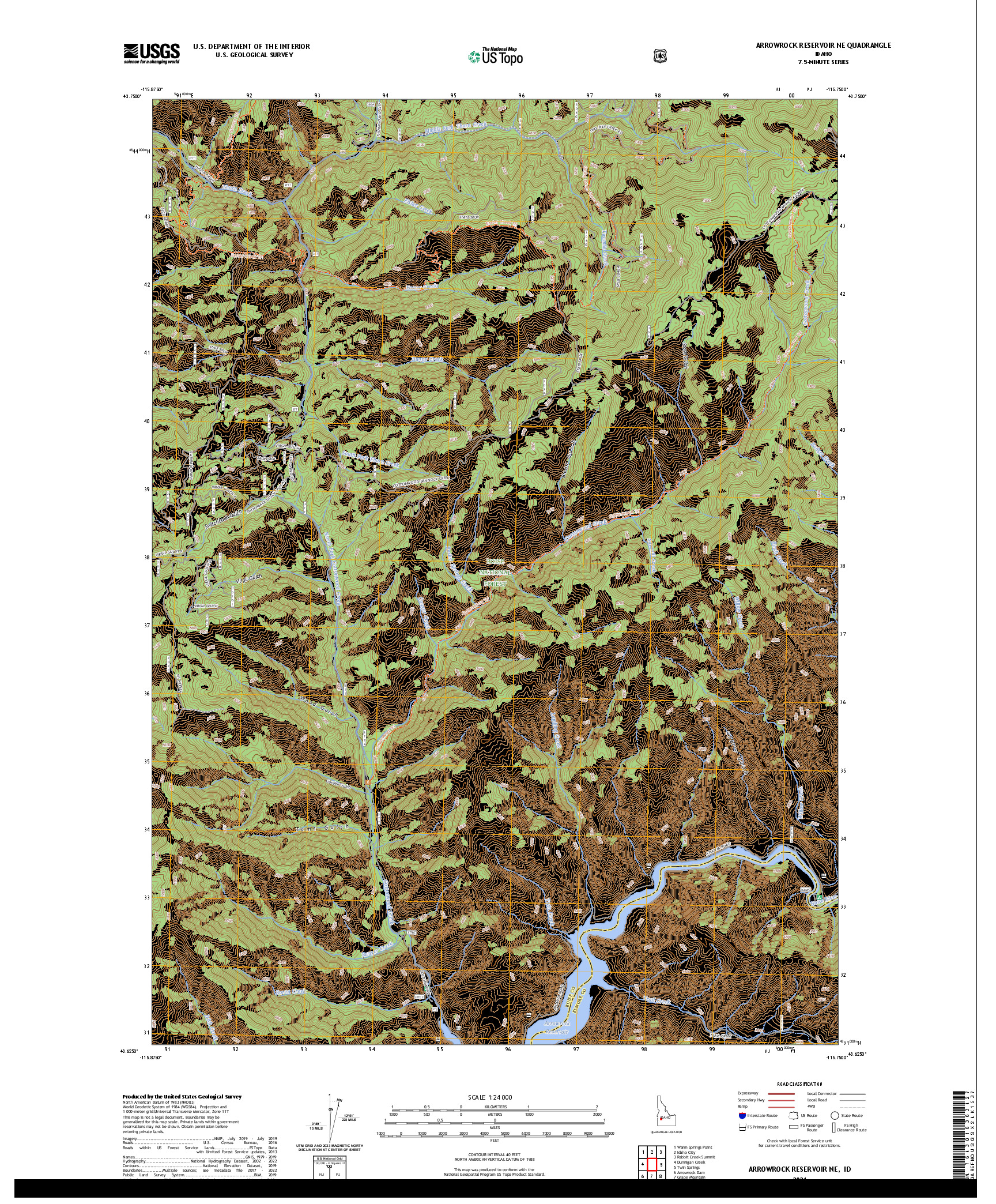 US TOPO 7.5-MINUTE MAP FOR ARROWROCK RESERVOIR NE, ID