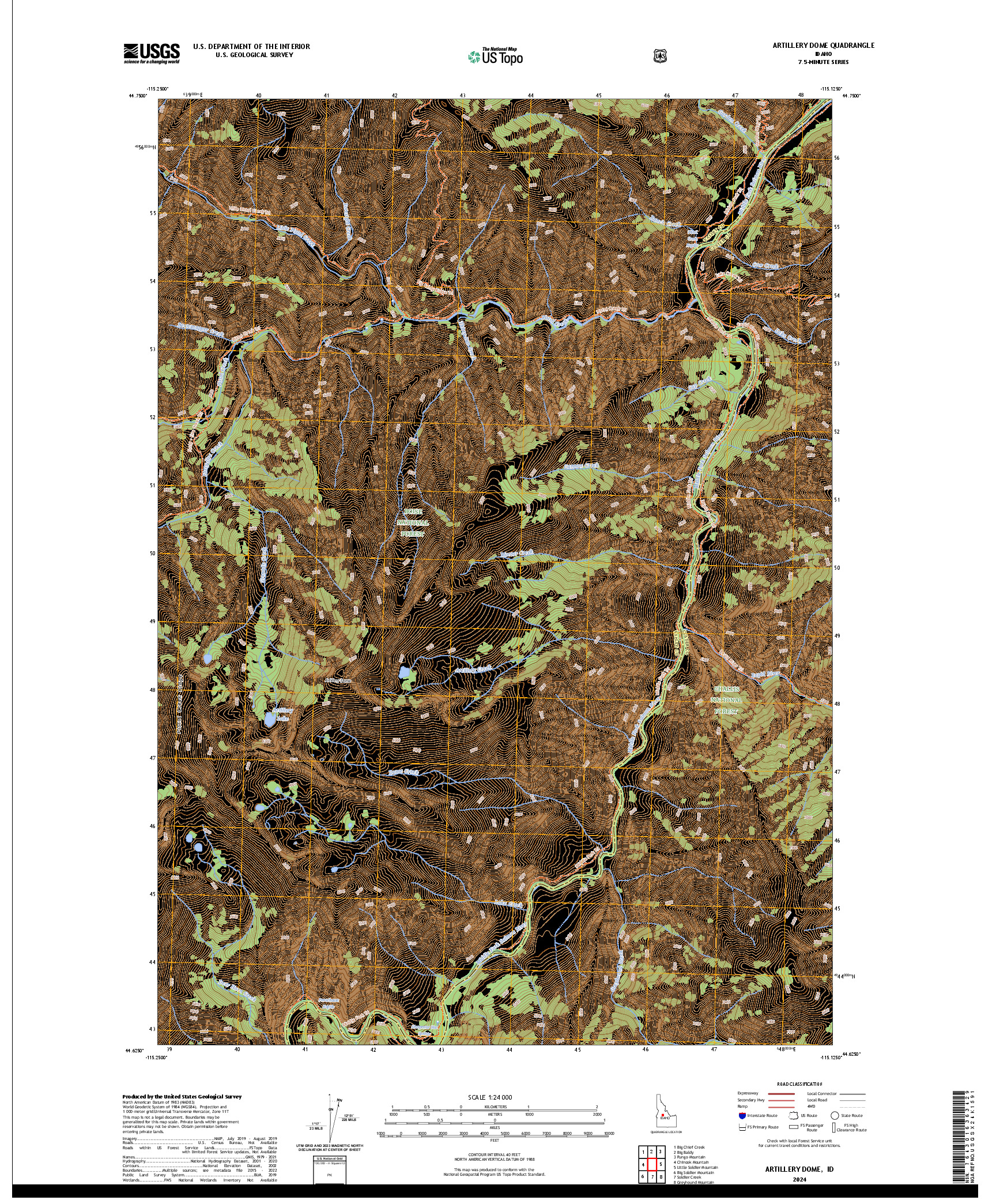 US TOPO 7.5-MINUTE MAP FOR ARTILLERY DOME, ID