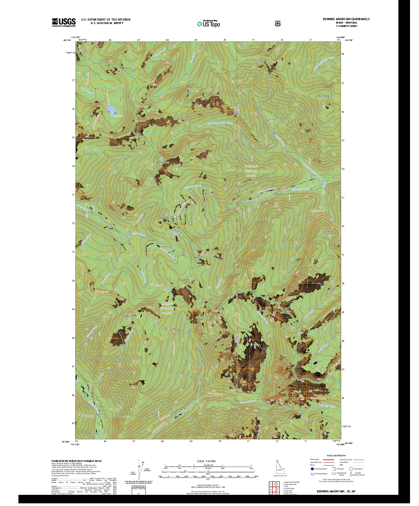 US TOPO 7.5-MINUTE MAP FOR BENNING MOUNTAIN, ID,MT