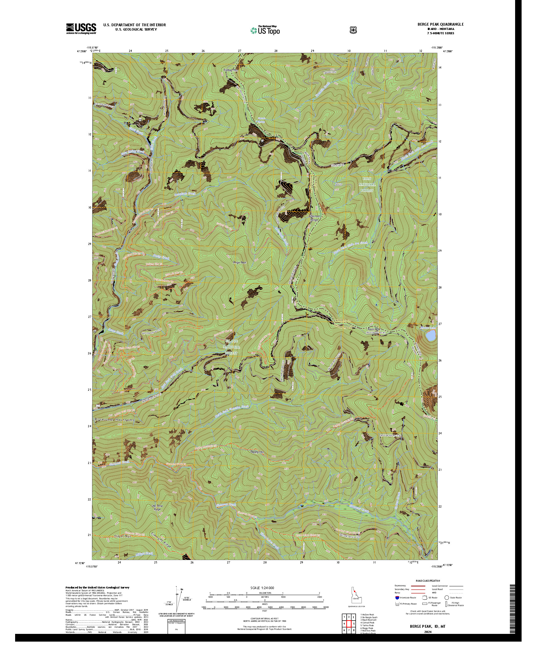 US TOPO 7.5-MINUTE MAP FOR BERGE PEAK, ID,MT