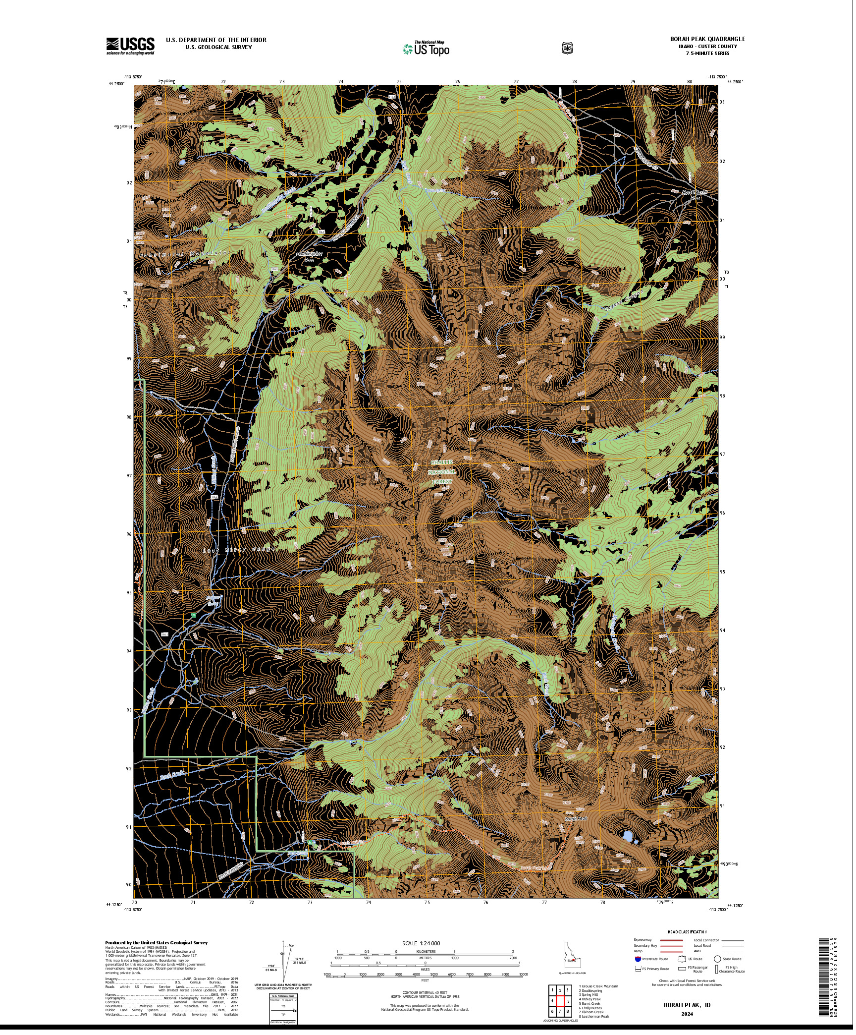 US TOPO 7.5-MINUTE MAP FOR BORAH PEAK, ID