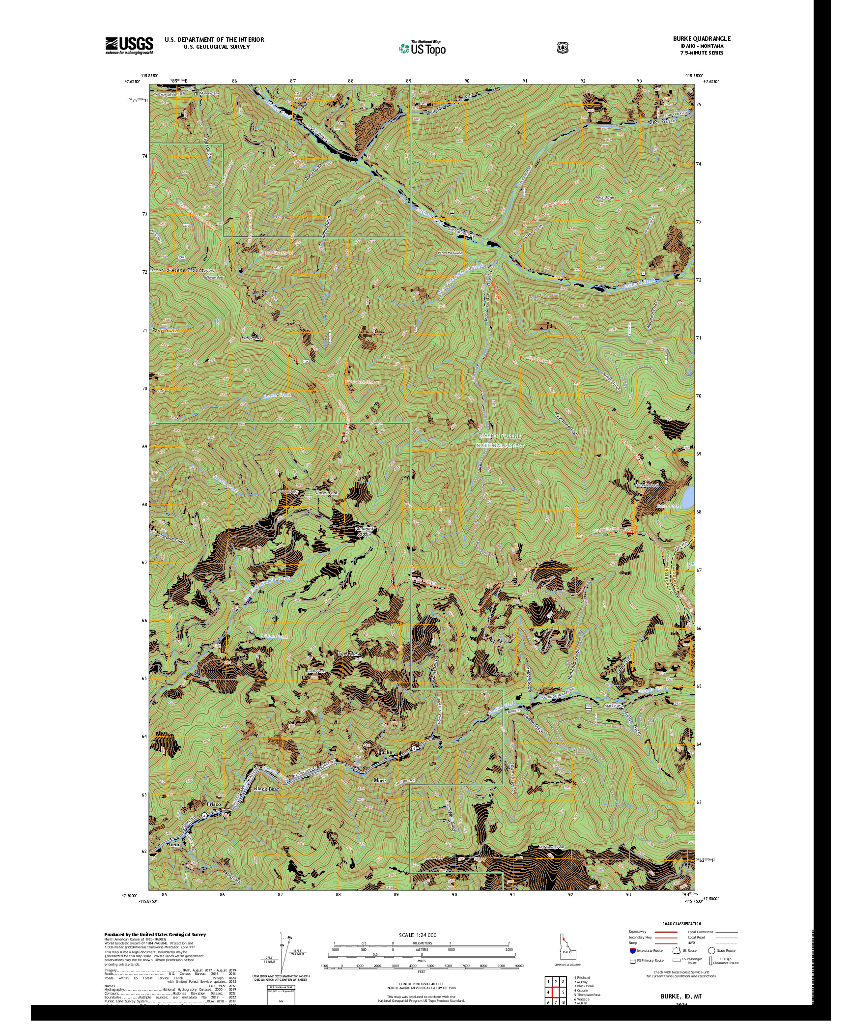 US TOPO 7.5-MINUTE MAP FOR BURKE, ID,MT
