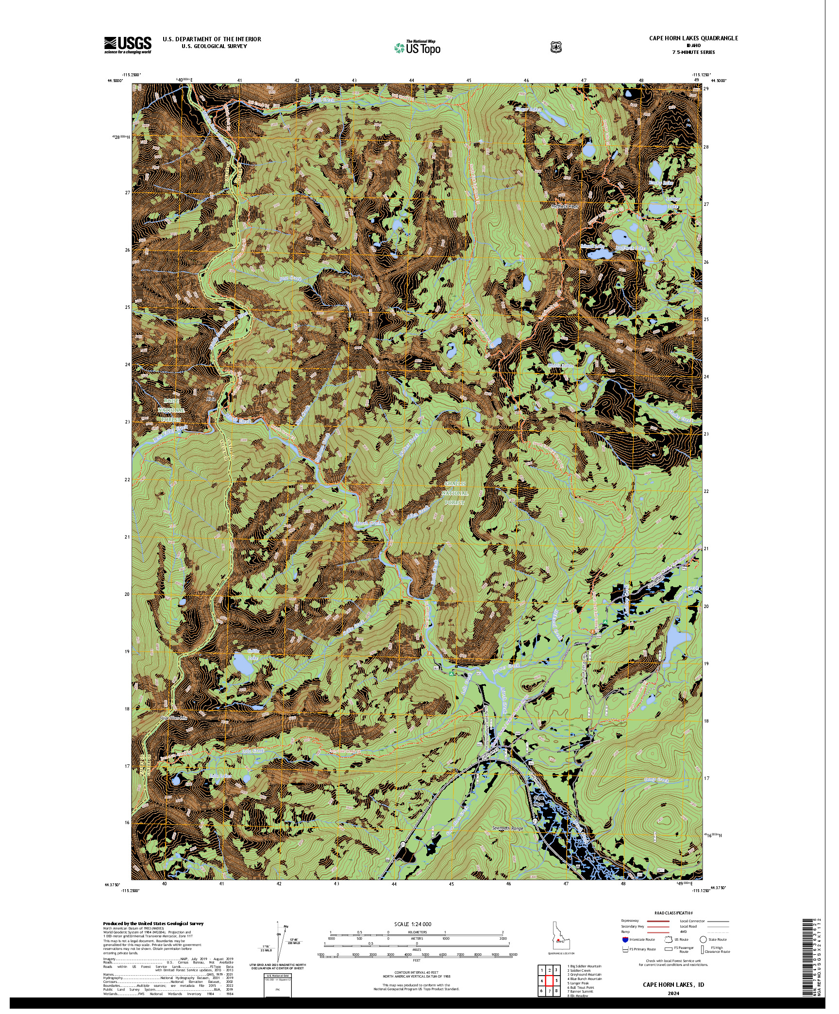 US TOPO 7.5-MINUTE MAP FOR CAPE HORN LAKES, ID