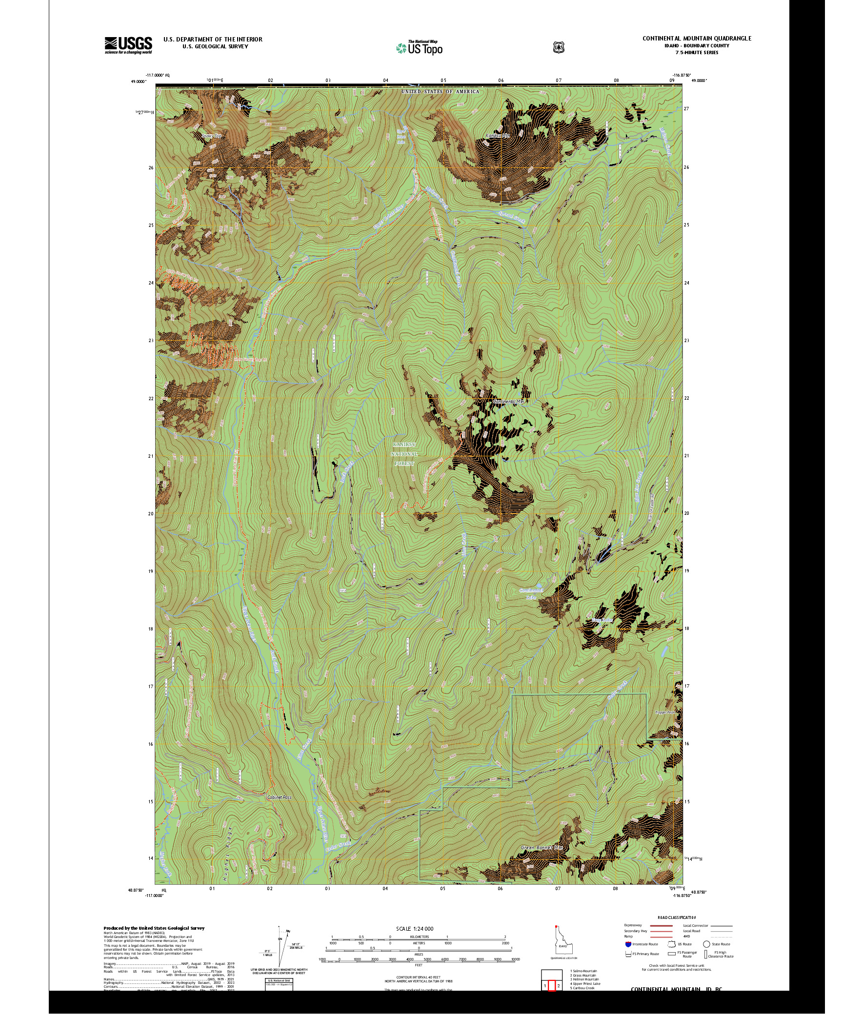 US TOPO 7.5-MINUTE MAP FOR CONTINENTAL MOUNTAIN, ID,BC