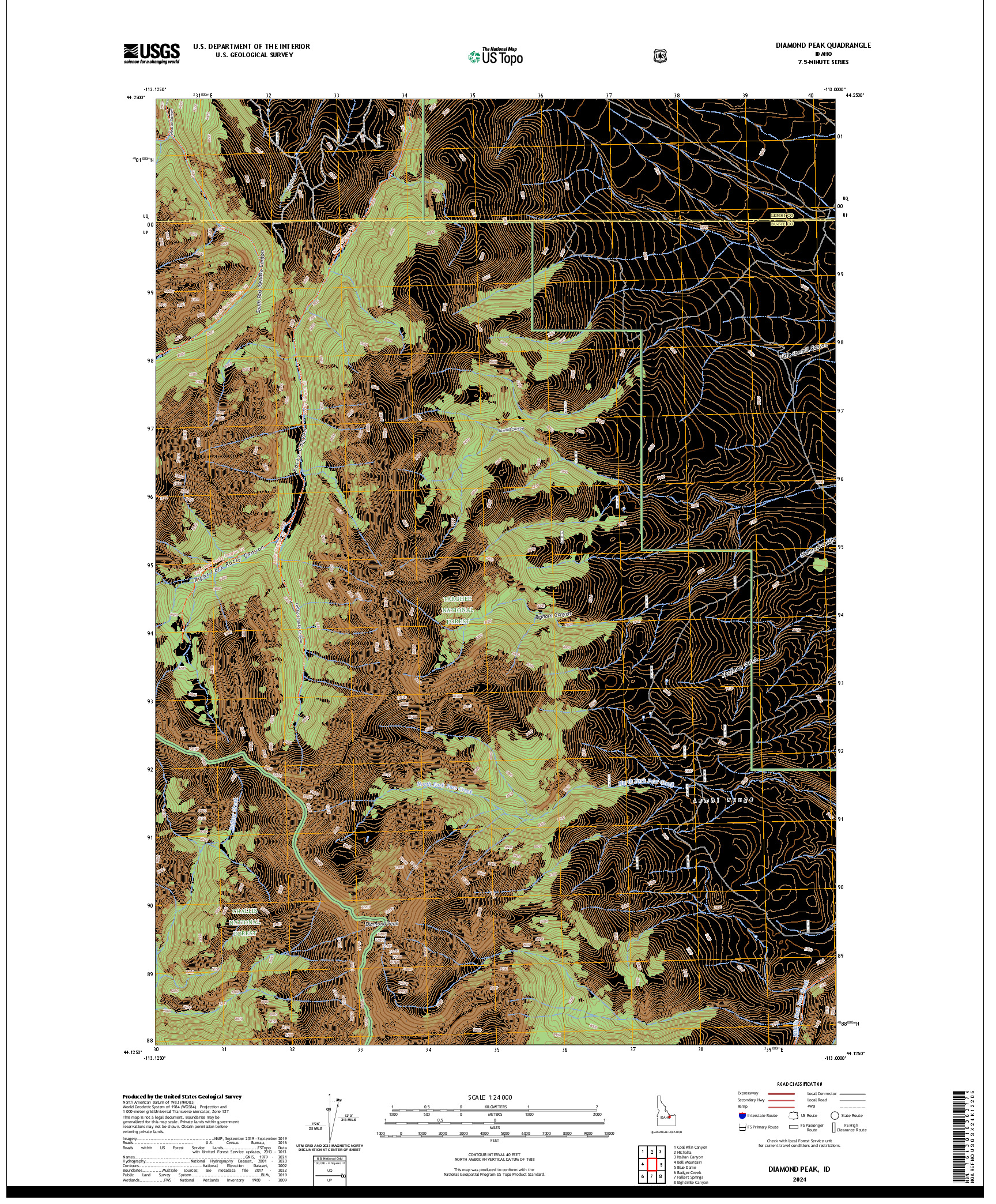 US TOPO 7.5-MINUTE MAP FOR DIAMOND PEAK, ID