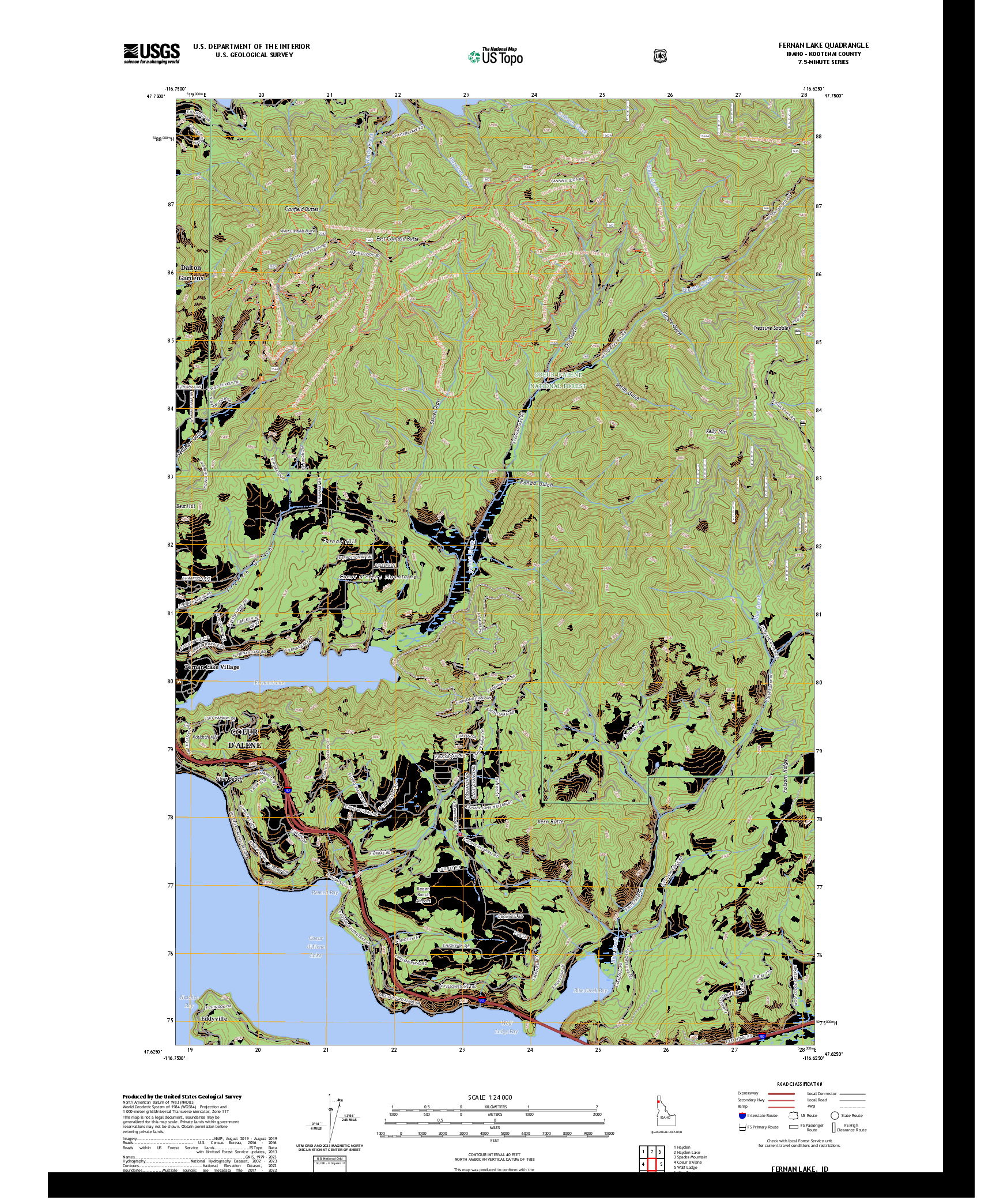 US TOPO 7.5-MINUTE MAP FOR FERNAN LAKE, ID