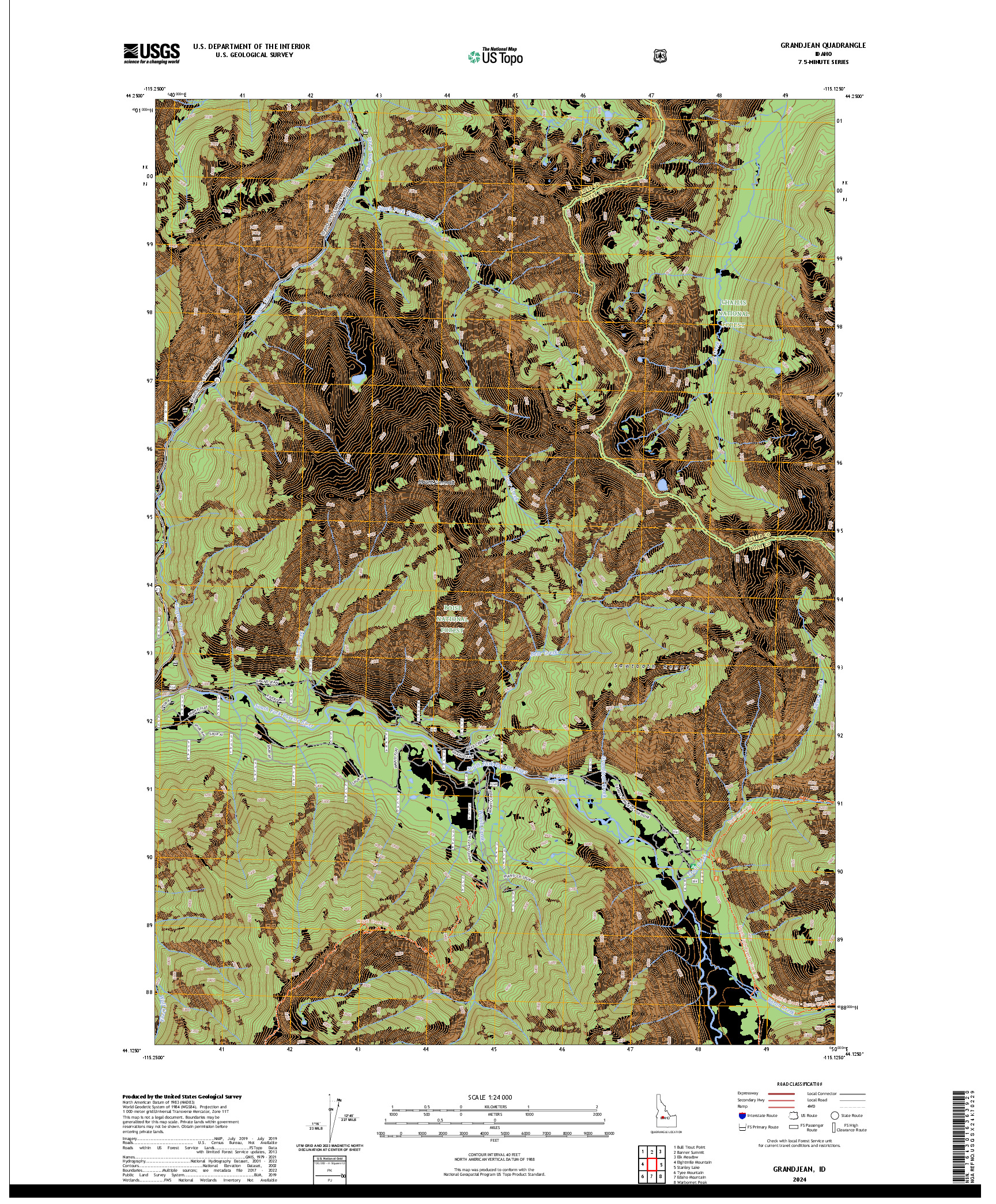 US TOPO 7.5-MINUTE MAP FOR GRANDJEAN, ID