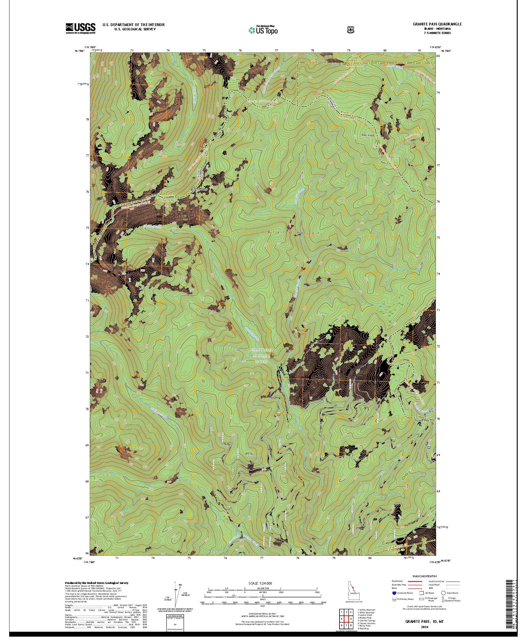 US TOPO 7.5-MINUTE MAP FOR GRANITE PASS, ID,MT