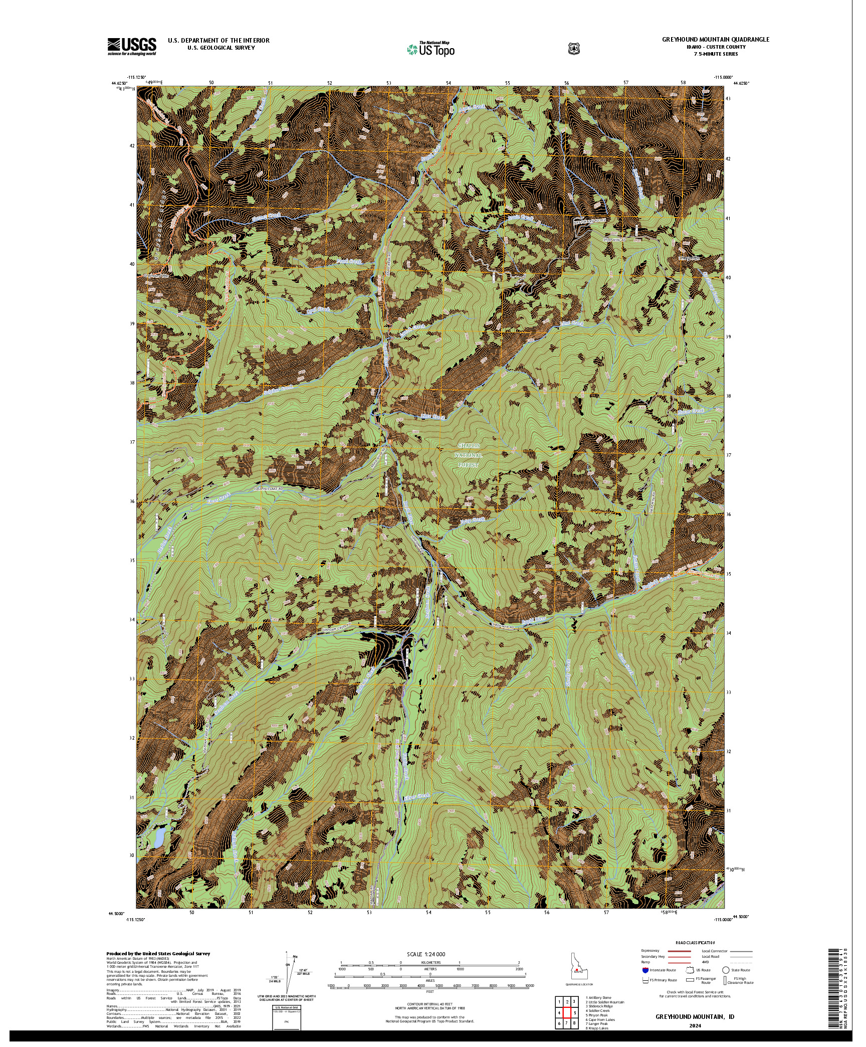 US TOPO 7.5-MINUTE MAP FOR GREYHOUND MOUNTAIN, ID