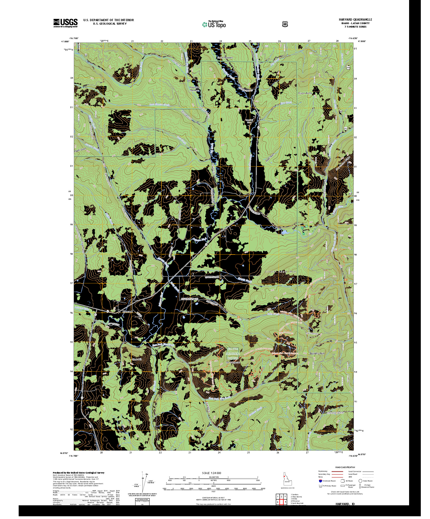 US TOPO 7.5-MINUTE MAP FOR HARVARD, ID