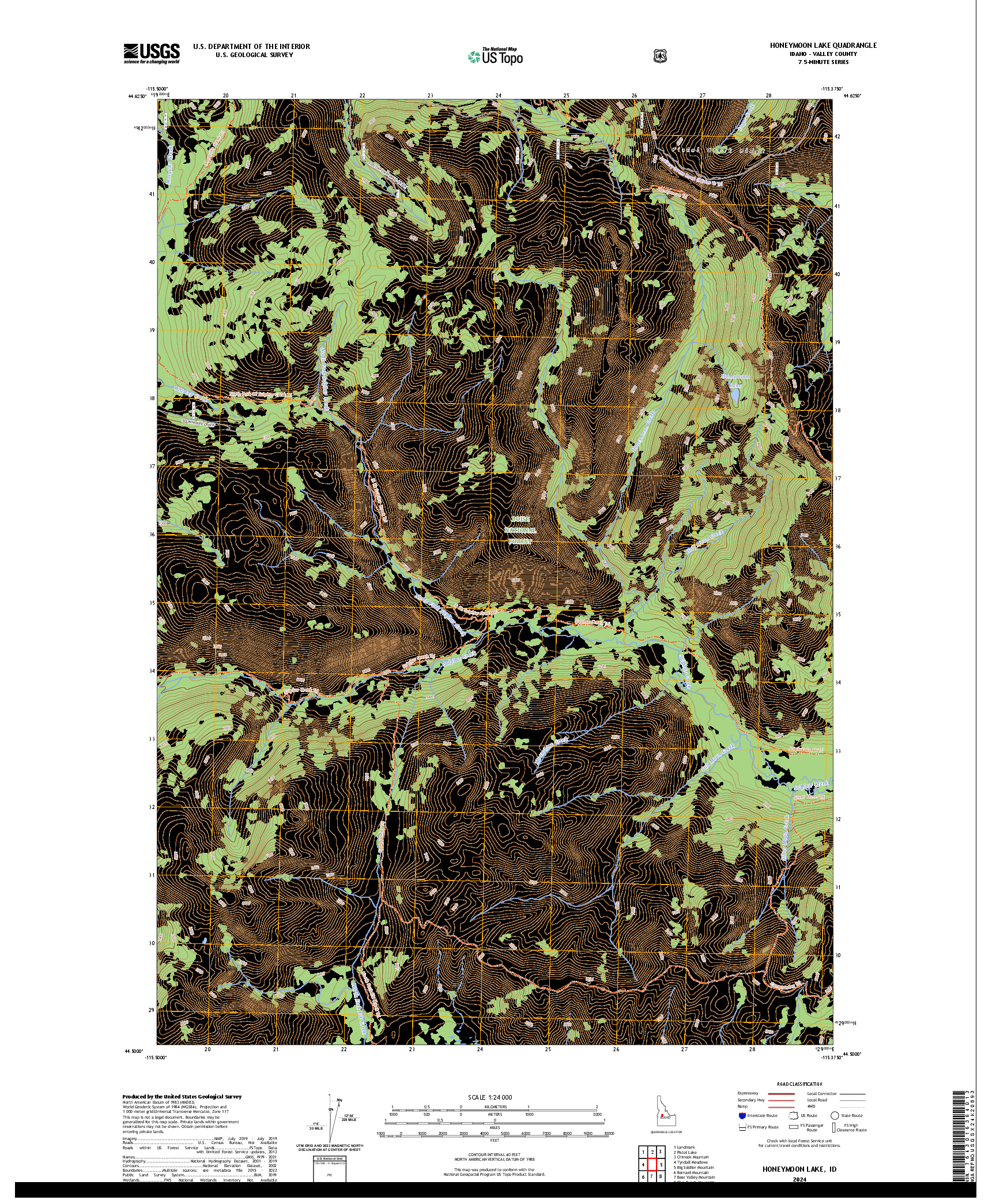 US TOPO 7.5-MINUTE MAP FOR HONEYMOON LAKE, ID
