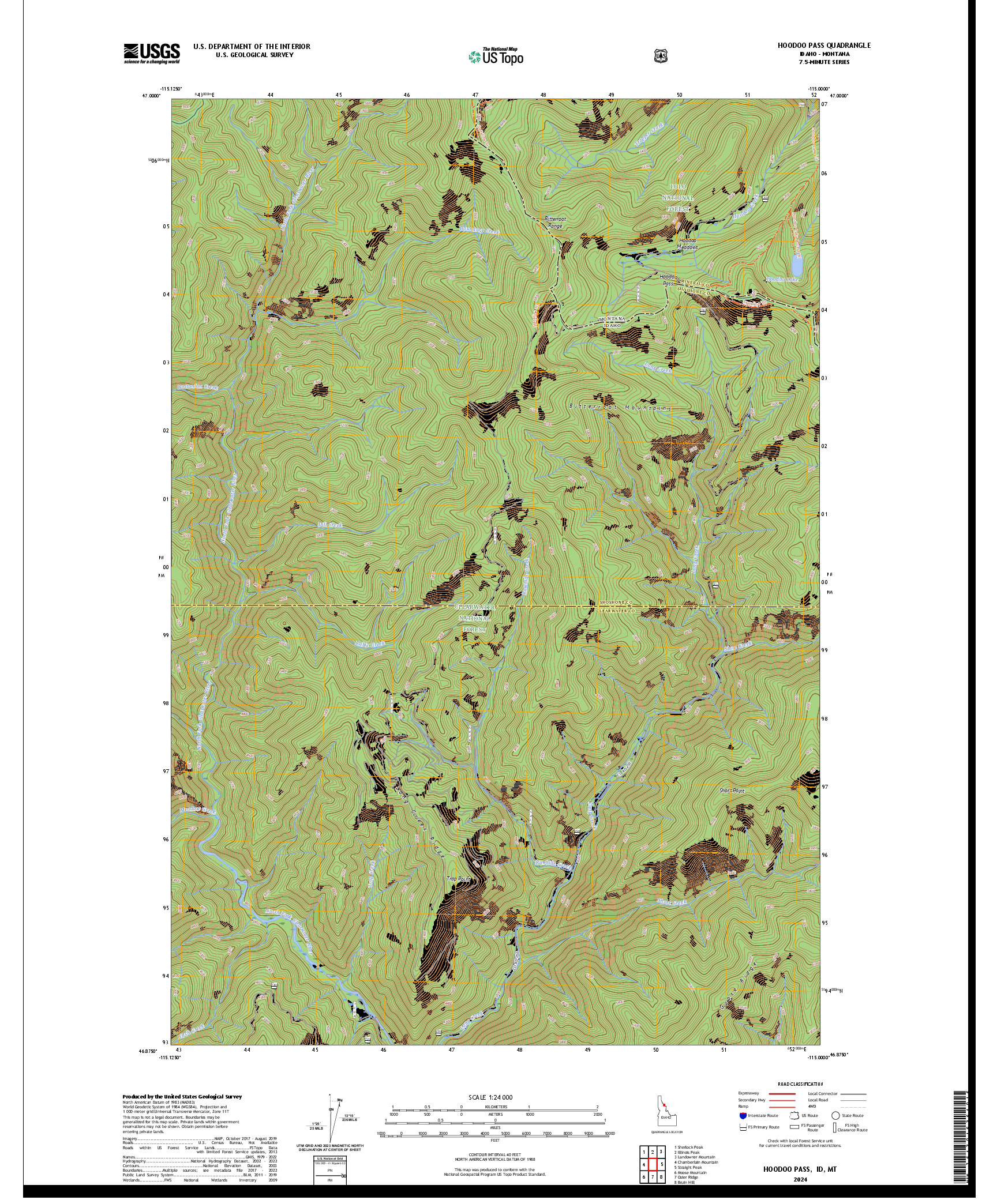 US TOPO 7.5-MINUTE MAP FOR HOODOO PASS, ID,MT