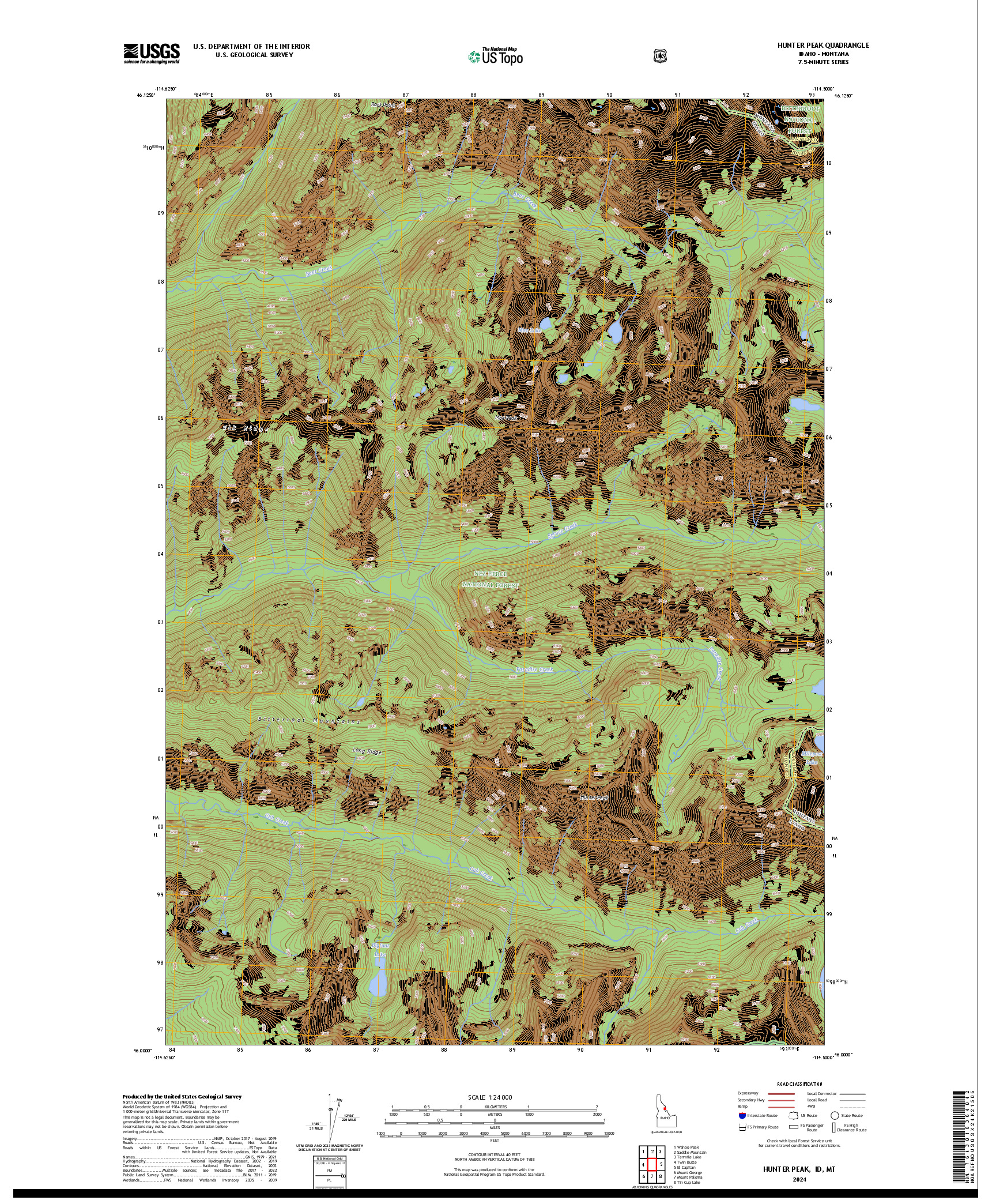 US TOPO 7.5-MINUTE MAP FOR HUNTER PEAK, ID,MT