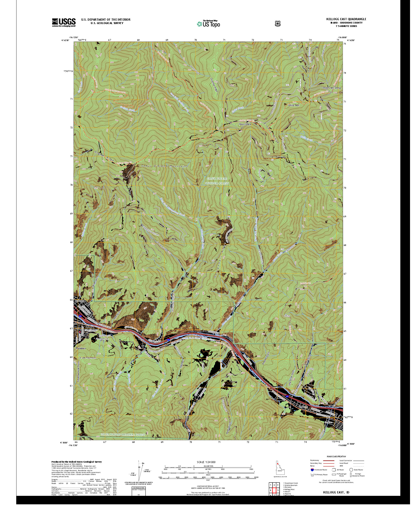 US TOPO 7.5-MINUTE MAP FOR KELLOGG EAST, ID