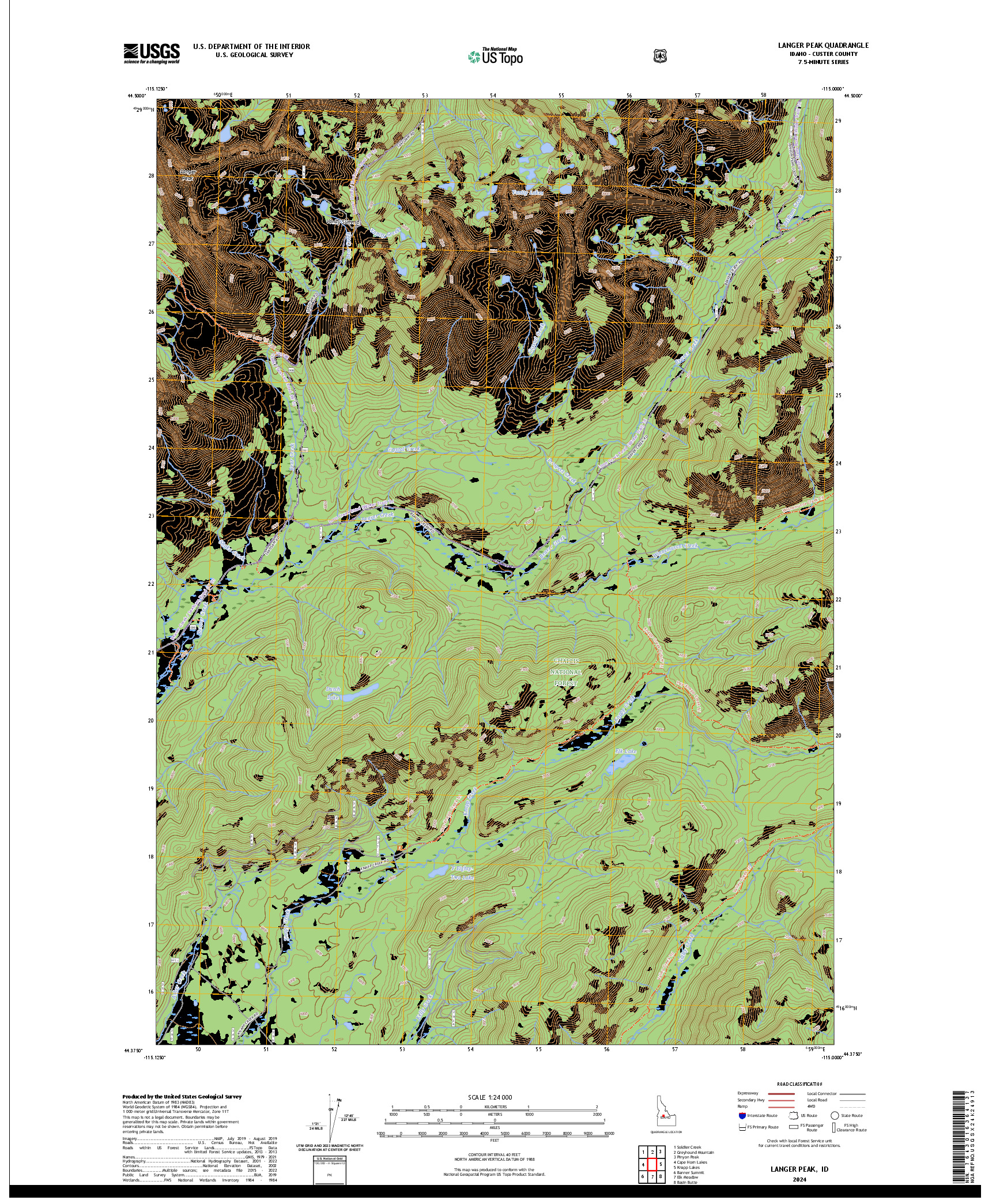 US TOPO 7.5-MINUTE MAP FOR LANGER PEAK, ID
