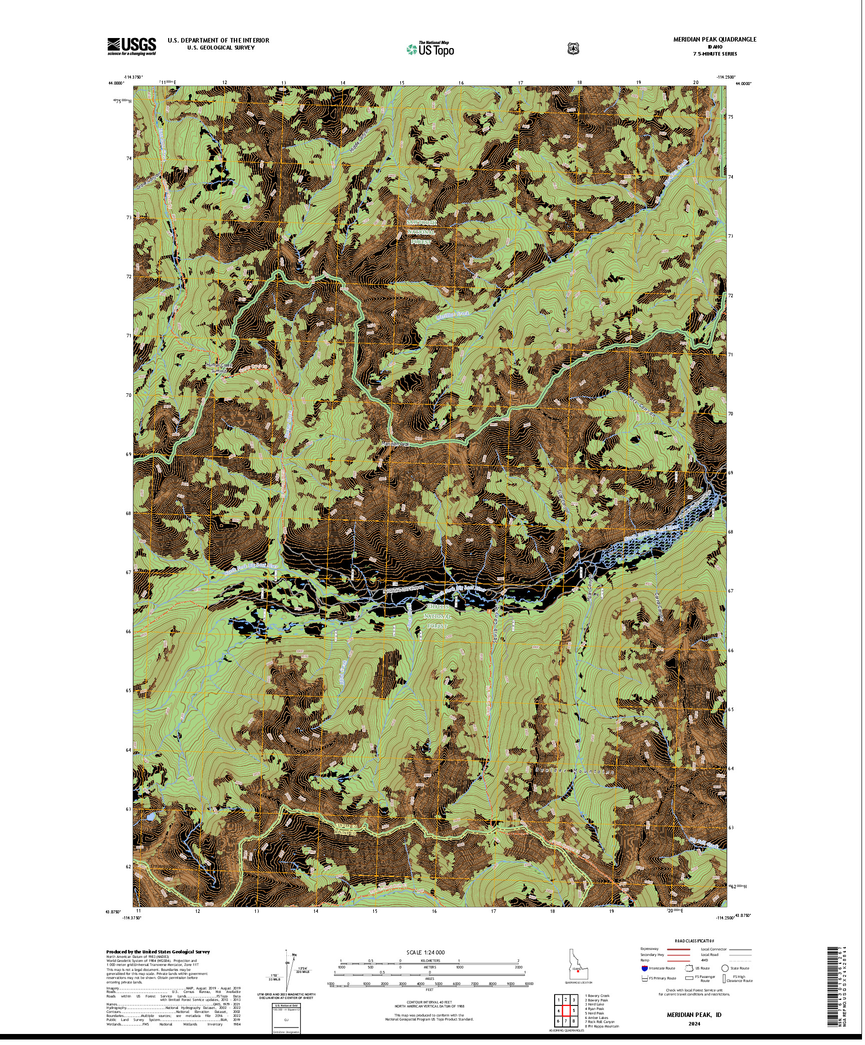 US TOPO 7.5-MINUTE MAP FOR MERIDIAN PEAK, ID