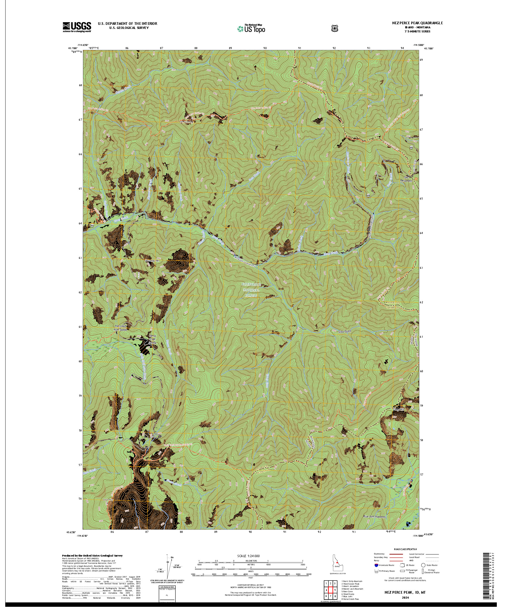 US TOPO 7.5-MINUTE MAP FOR NEZ PERCE PEAK, ID,MT