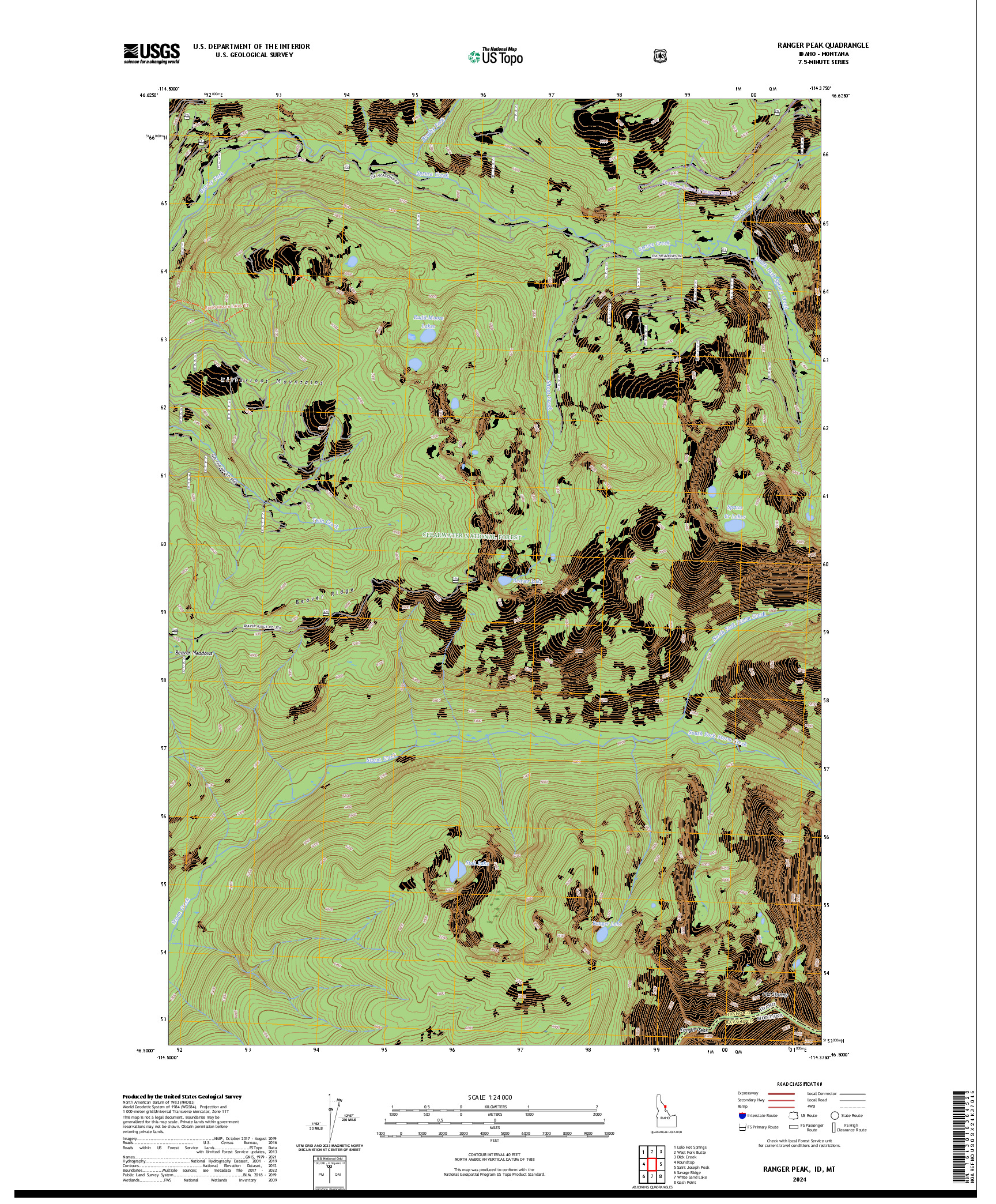 US TOPO 7.5-MINUTE MAP FOR RANGER PEAK, ID,MT