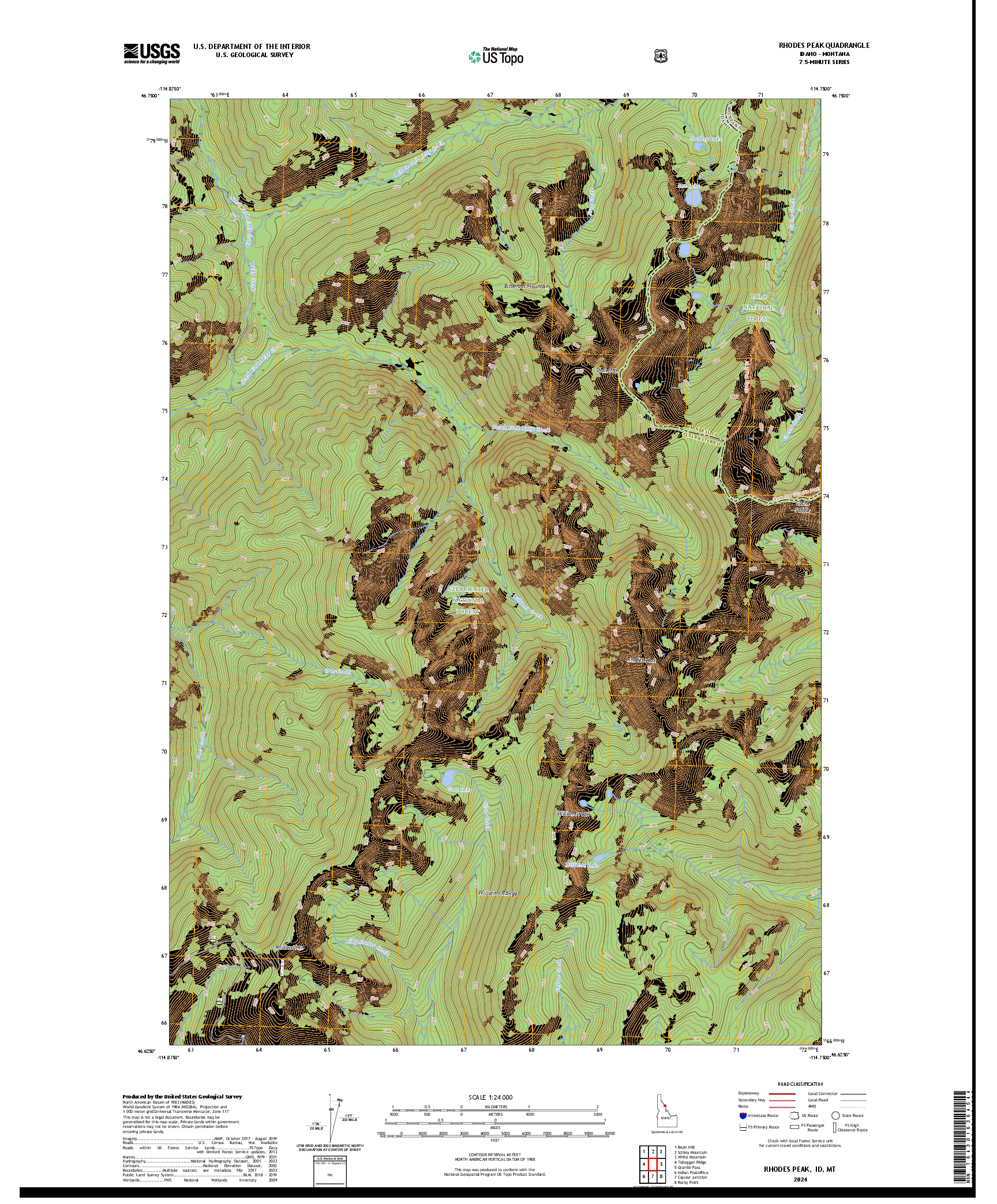 US TOPO 7.5-MINUTE MAP FOR RHODES PEAK, ID,MT