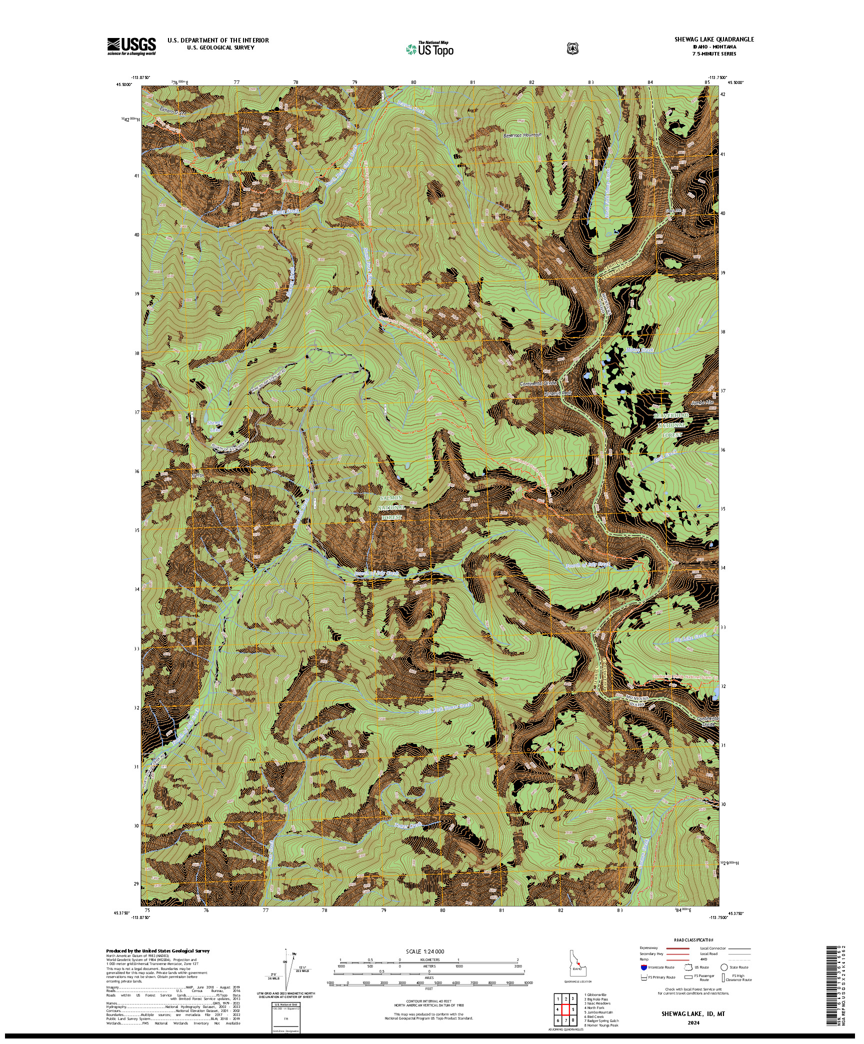 US TOPO 7.5-MINUTE MAP FOR SHEWAG LAKE, ID,MT