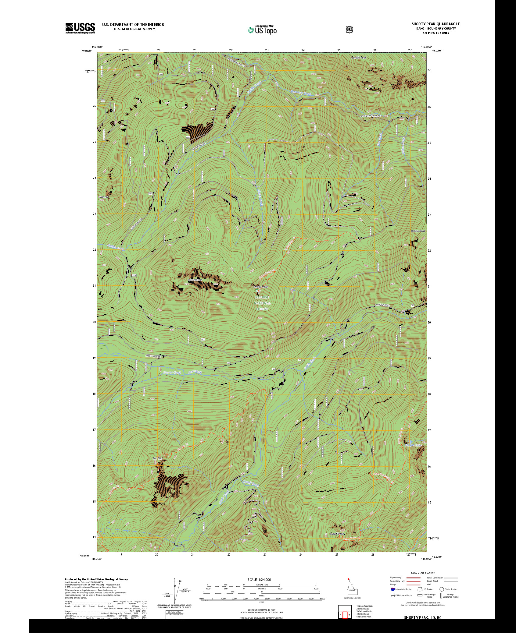 US TOPO 7.5-MINUTE MAP FOR SHORTY PEAK, ID,BC