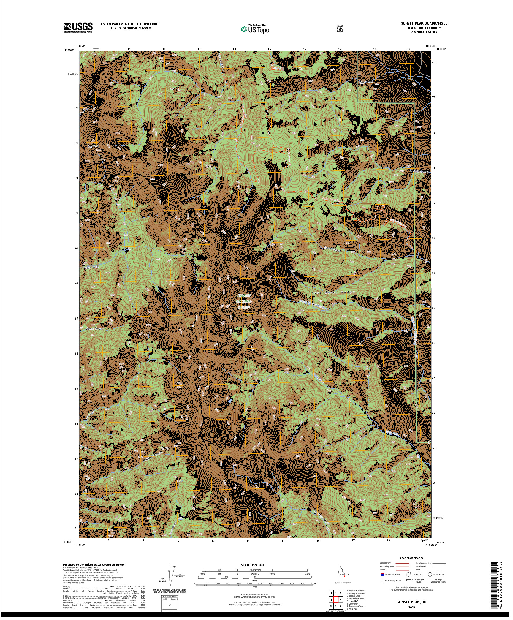 US TOPO 7.5-MINUTE MAP FOR SUNSET PEAK, ID