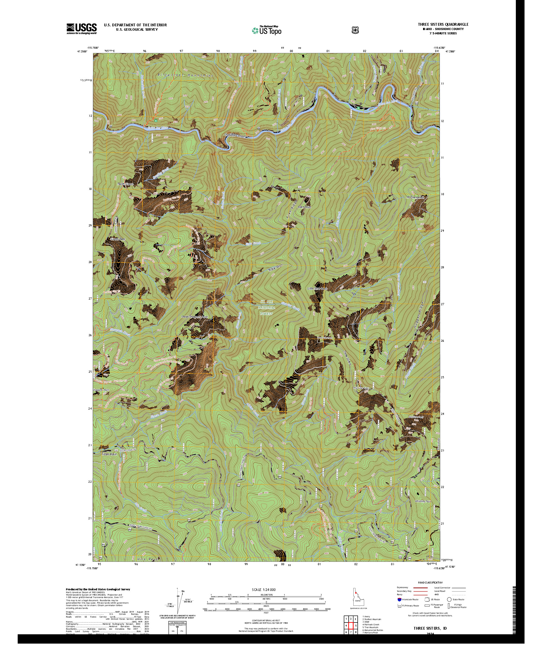 US TOPO 7.5-MINUTE MAP FOR THREE SISTERS, ID