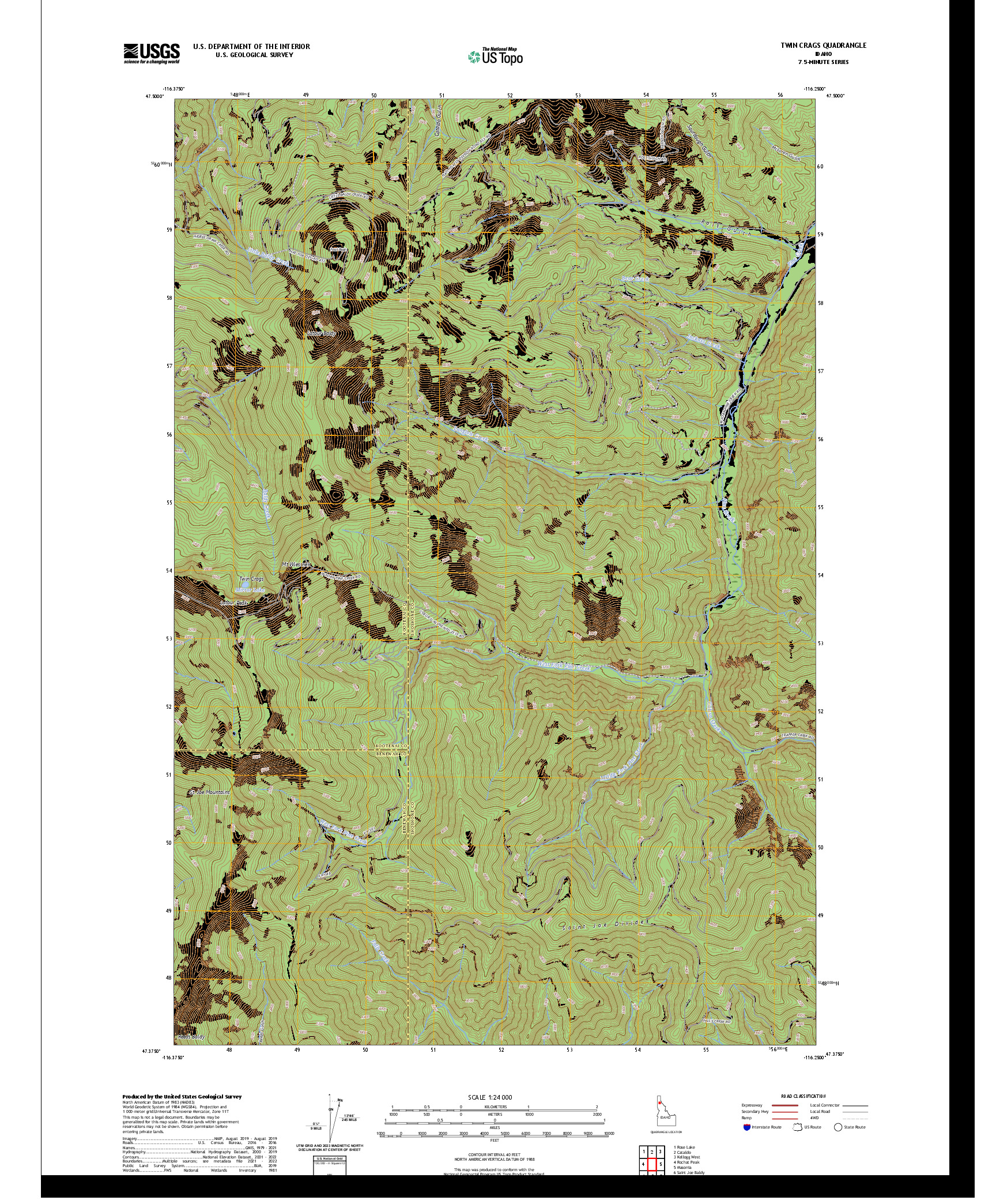 US TOPO 7.5-MINUTE MAP FOR TWIN CRAGS, ID