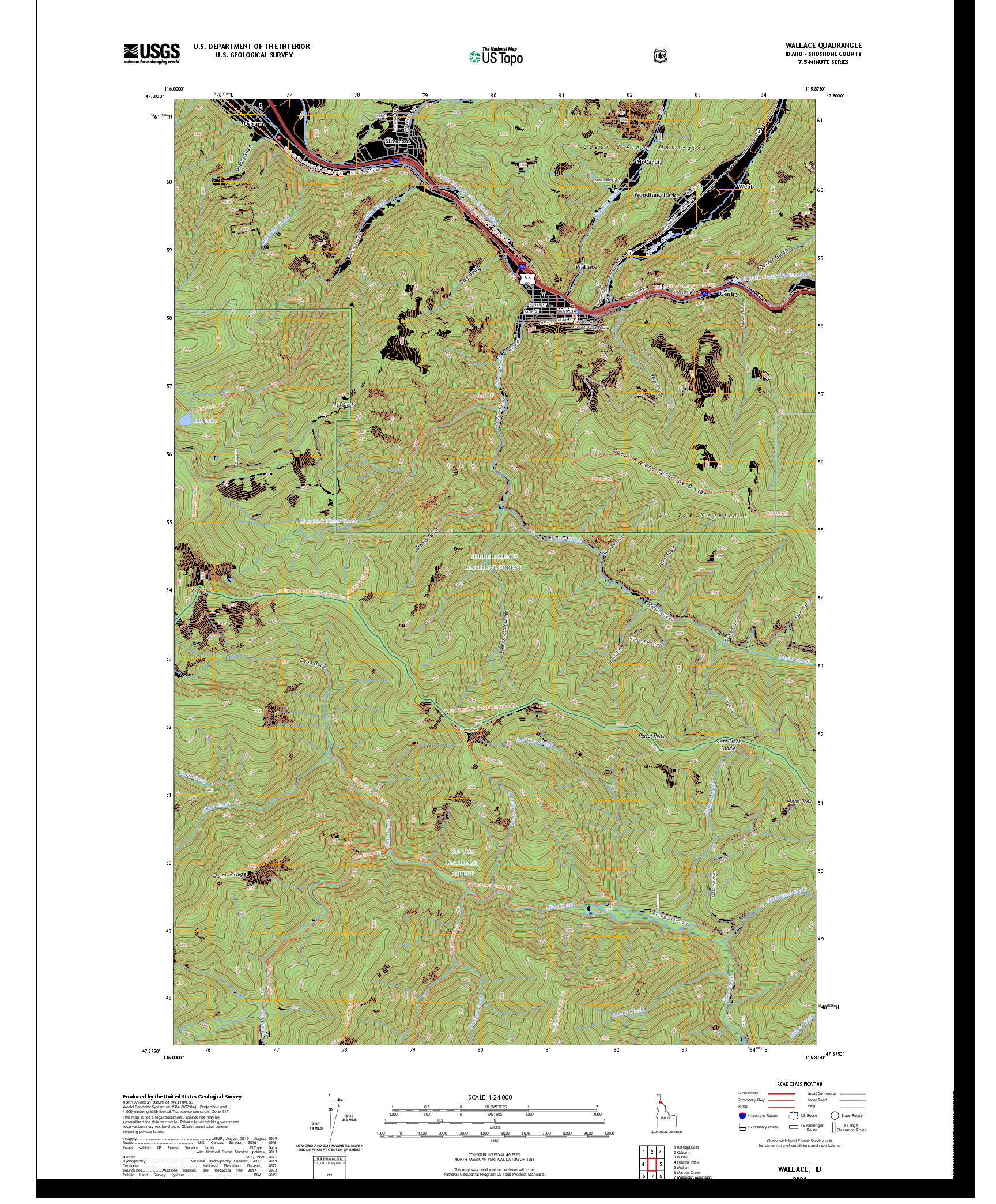 US TOPO 7.5-MINUTE MAP FOR WALLACE, ID