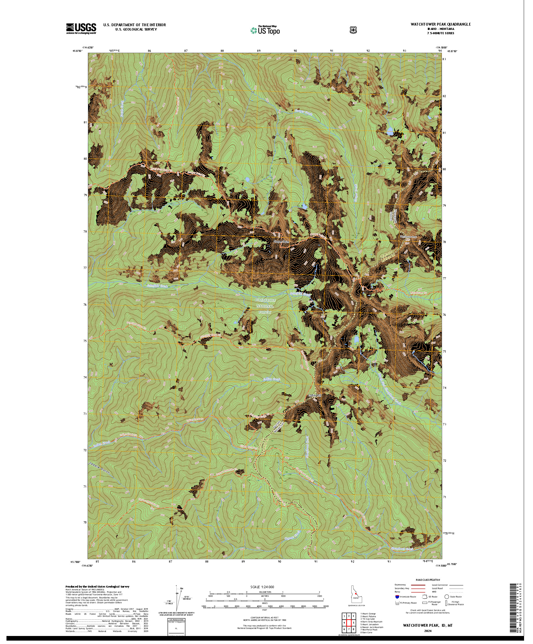 US TOPO 7.5-MINUTE MAP FOR WATCHTOWER PEAK, ID,MT