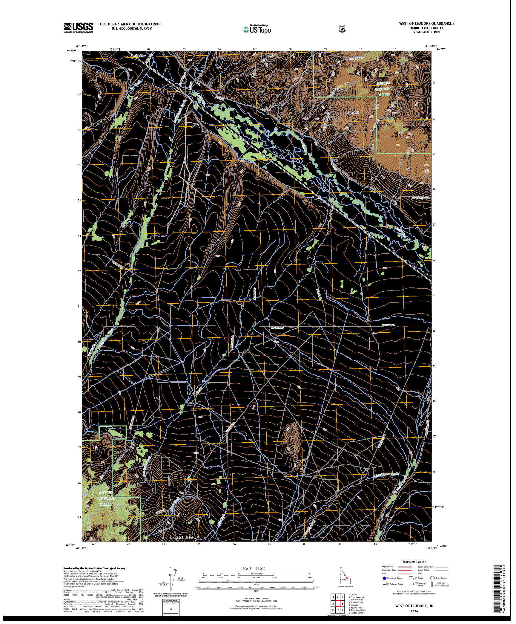 US TOPO 7.5-MINUTE MAP FOR WEST OF LEADORE, ID