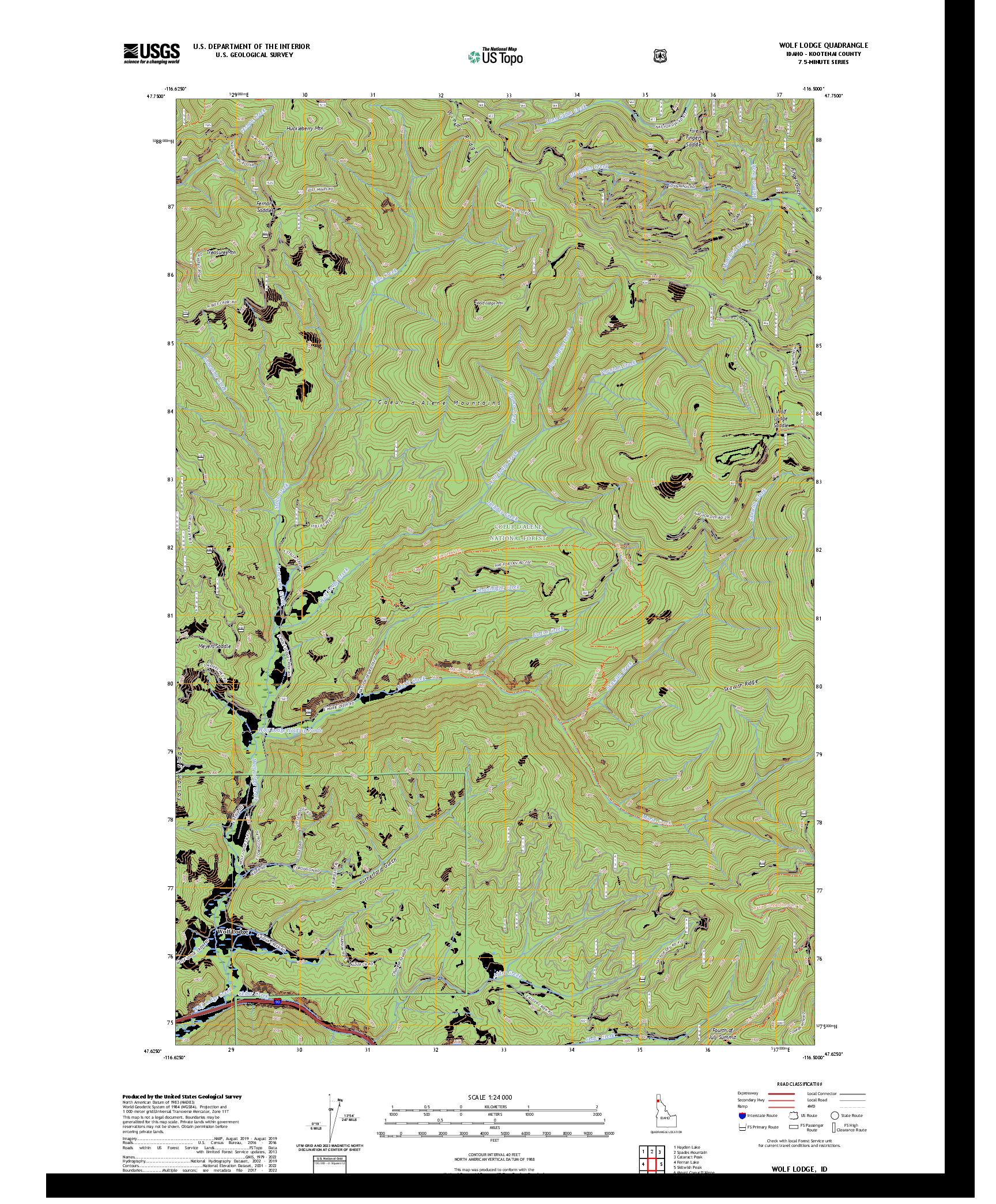 US TOPO 7.5-MINUTE MAP FOR WOLF LODGE, ID
