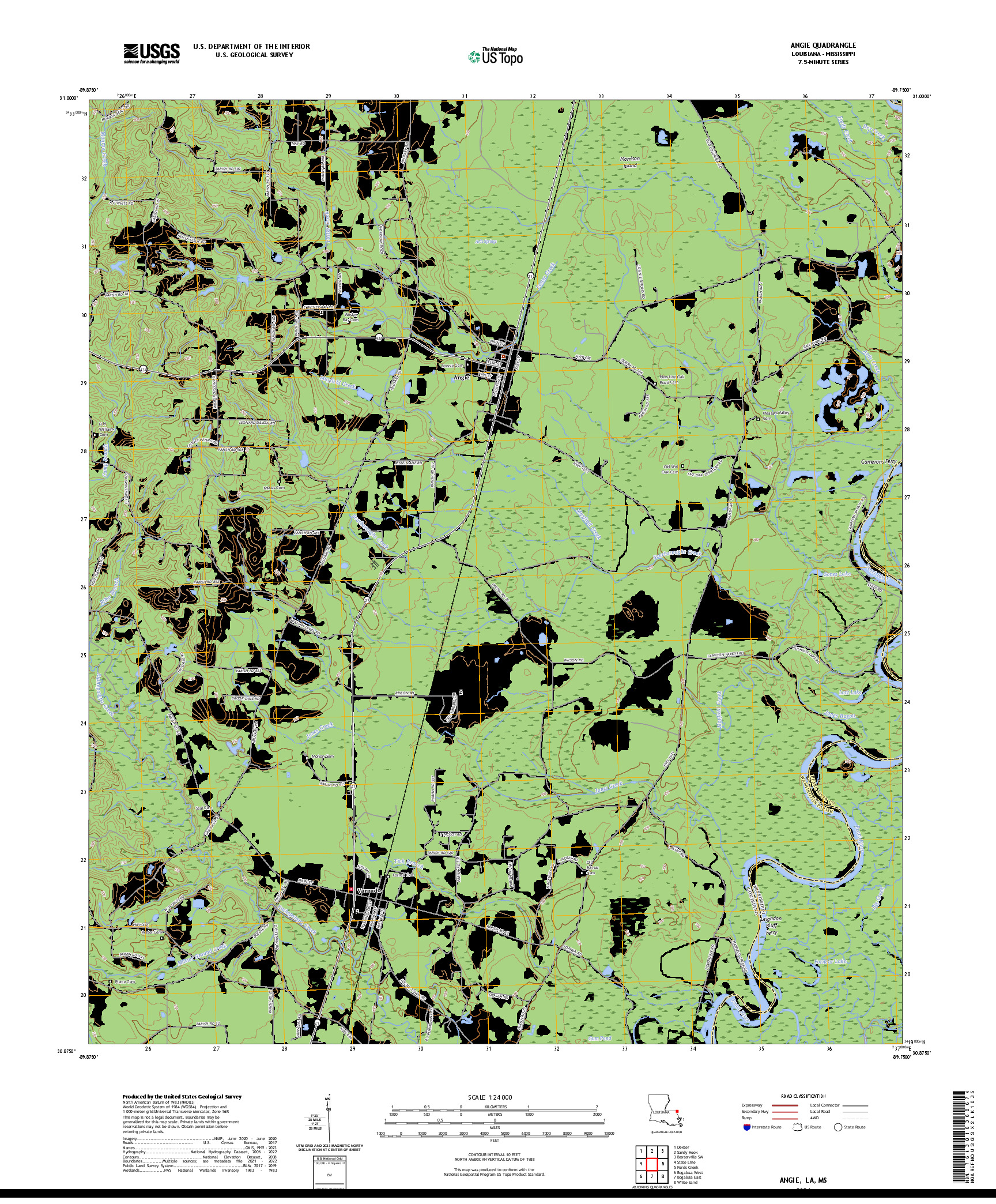 US TOPO 7.5-MINUTE MAP FOR ANGIE, LA,MS