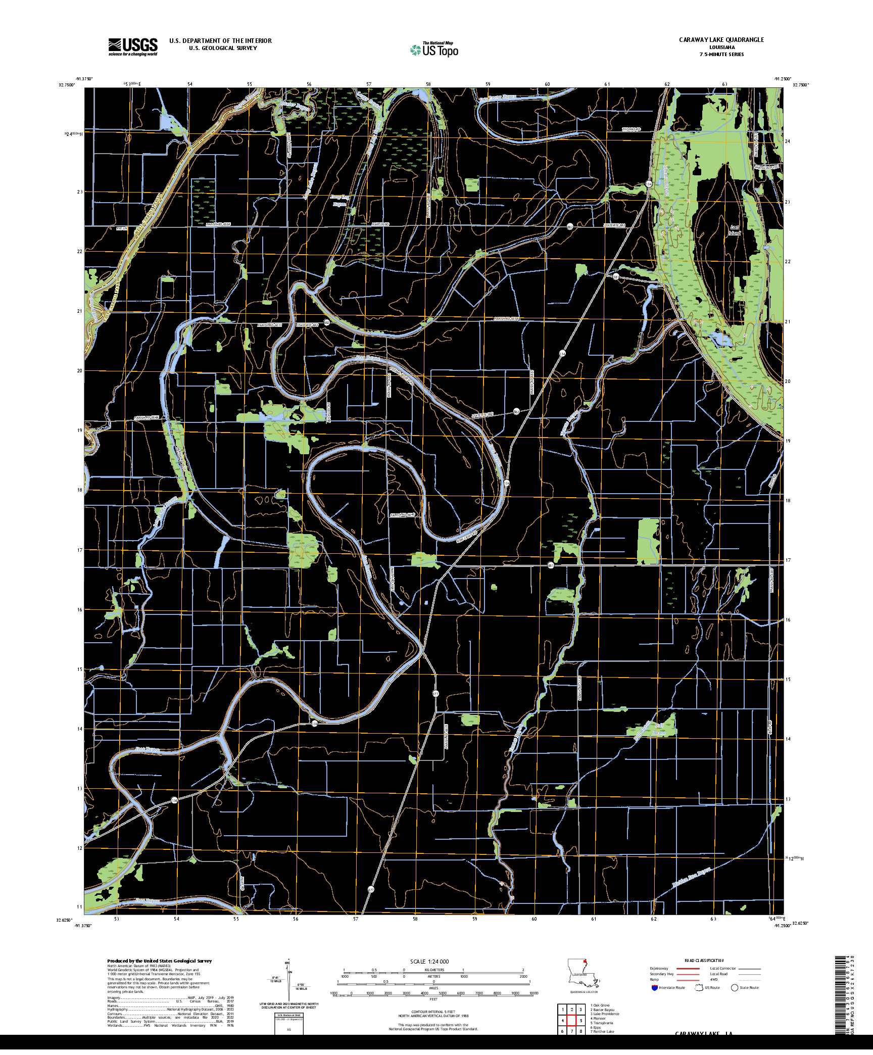 US TOPO 7.5-MINUTE MAP FOR CARAWAY LAKE, LA