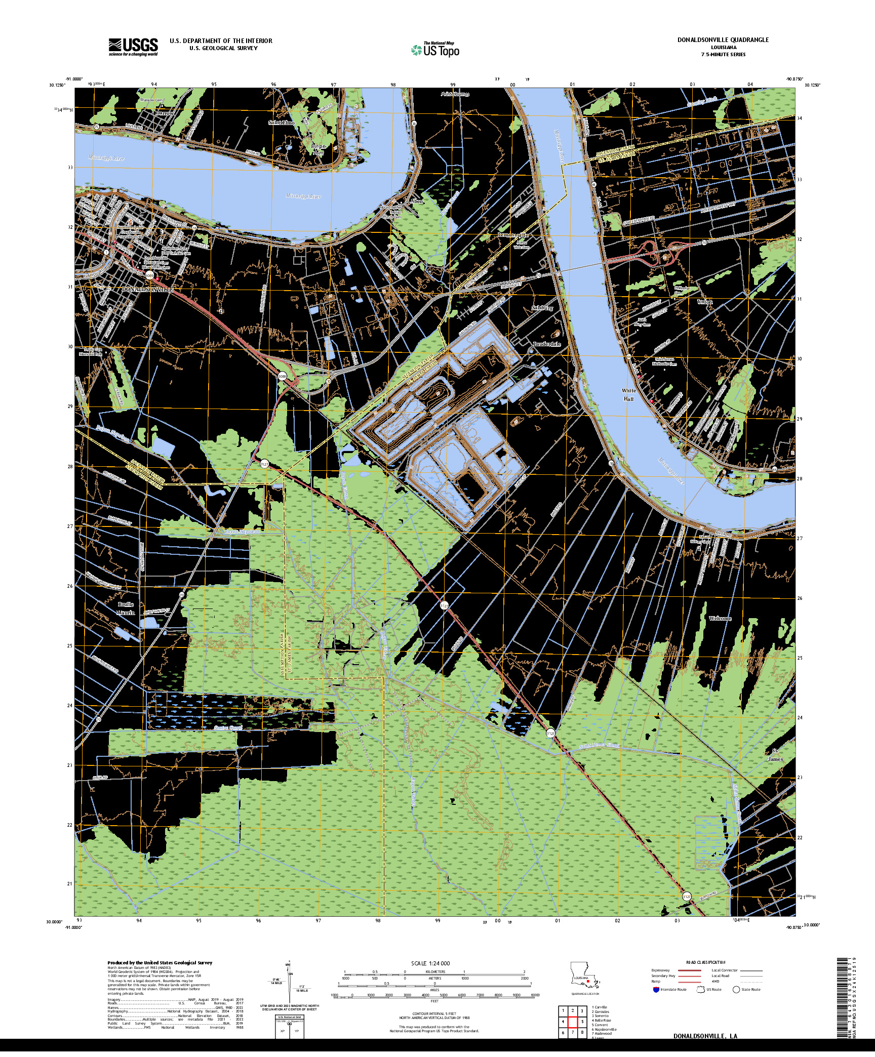 US TOPO 7.5-MINUTE MAP FOR DONALDSONVILLE, LA