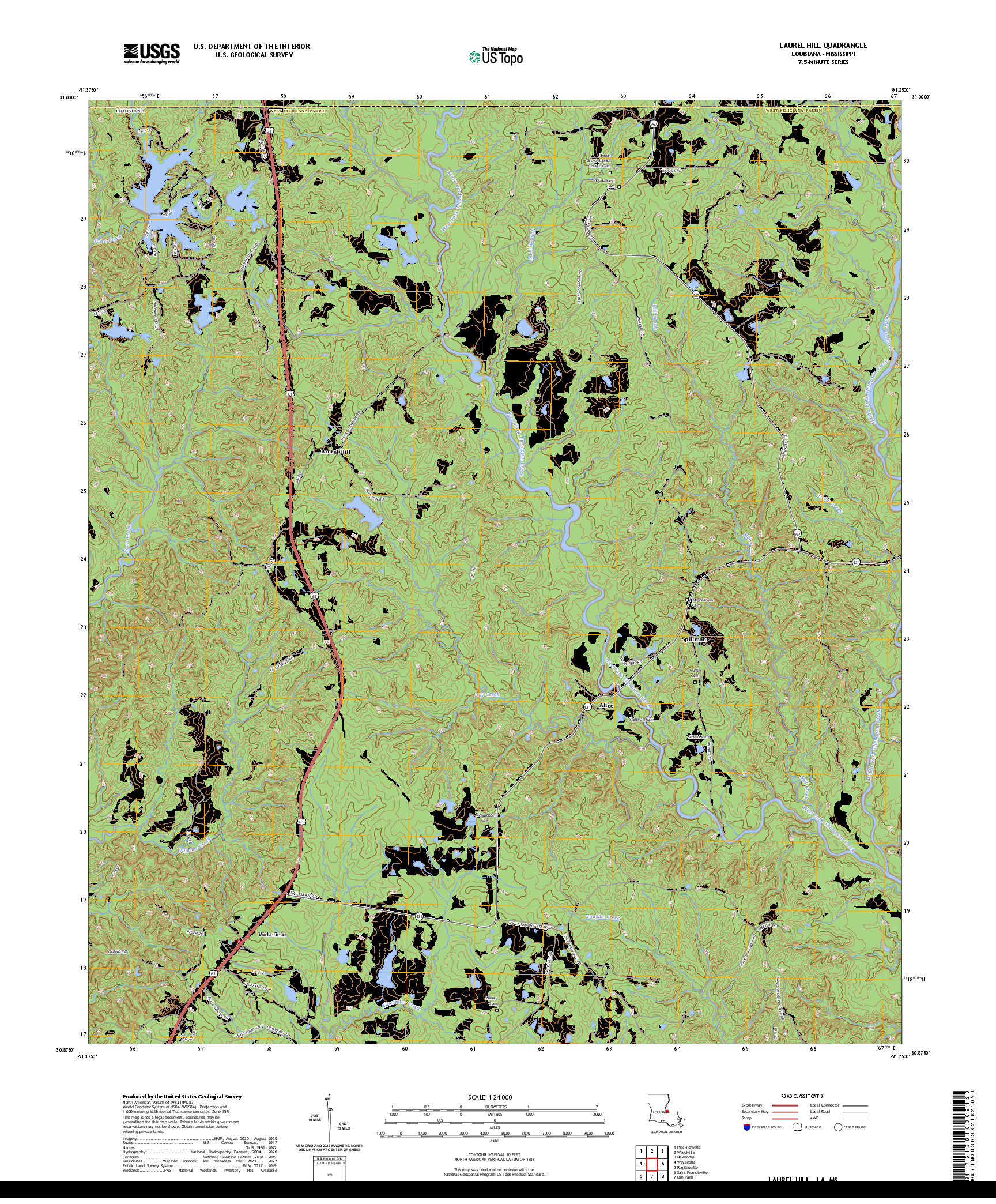US TOPO 7.5-MINUTE MAP FOR LAUREL HILL, LA,MS