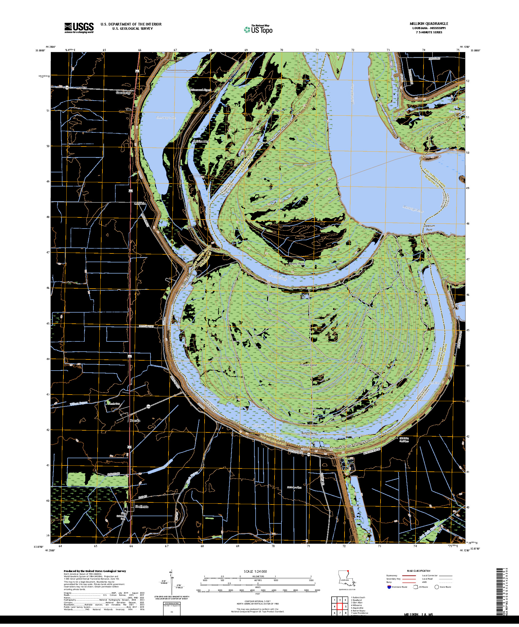 US TOPO 7.5-MINUTE MAP FOR MILLIKIN, LA,MS