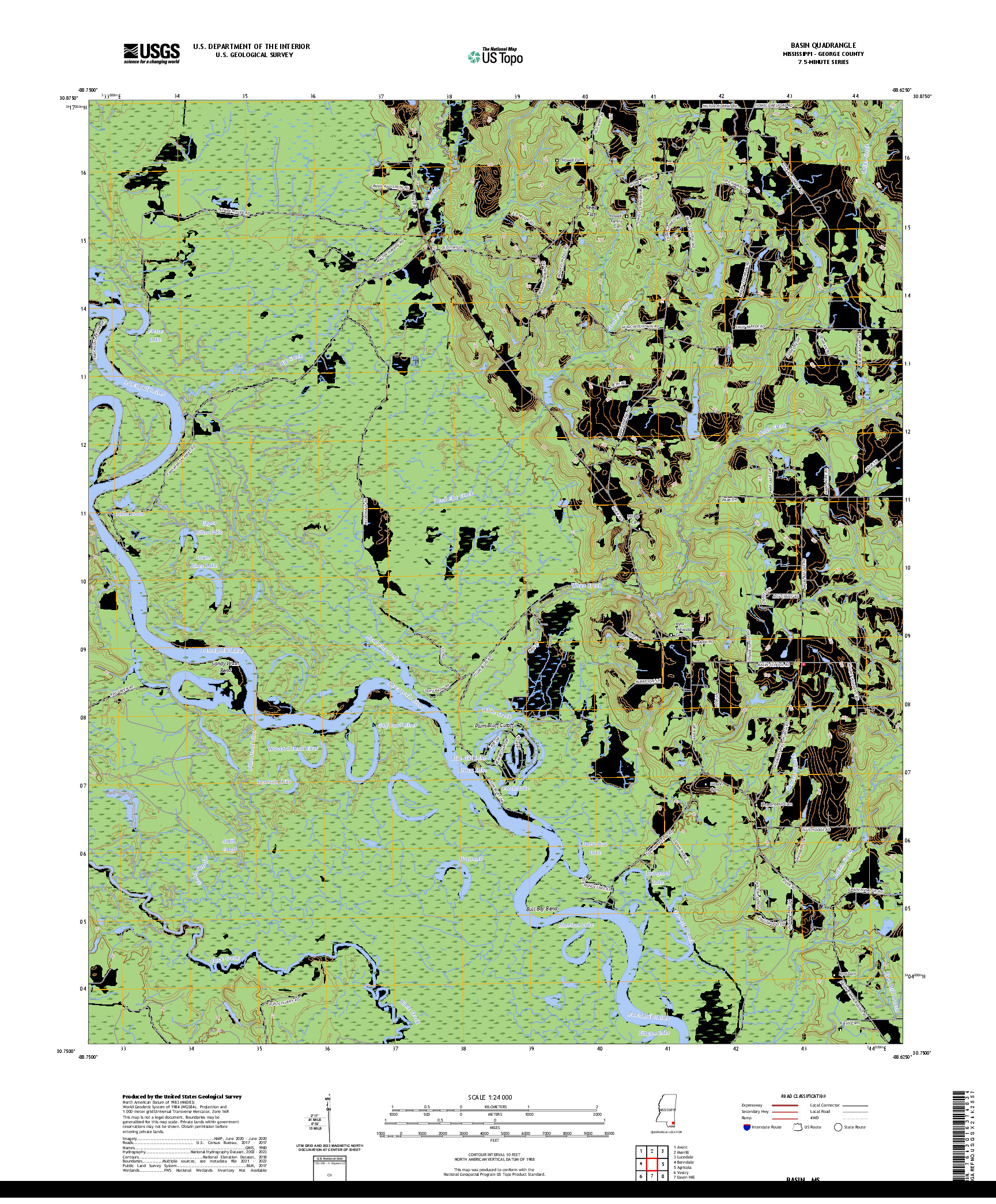 US TOPO 7.5-MINUTE MAP FOR BASIN, MS