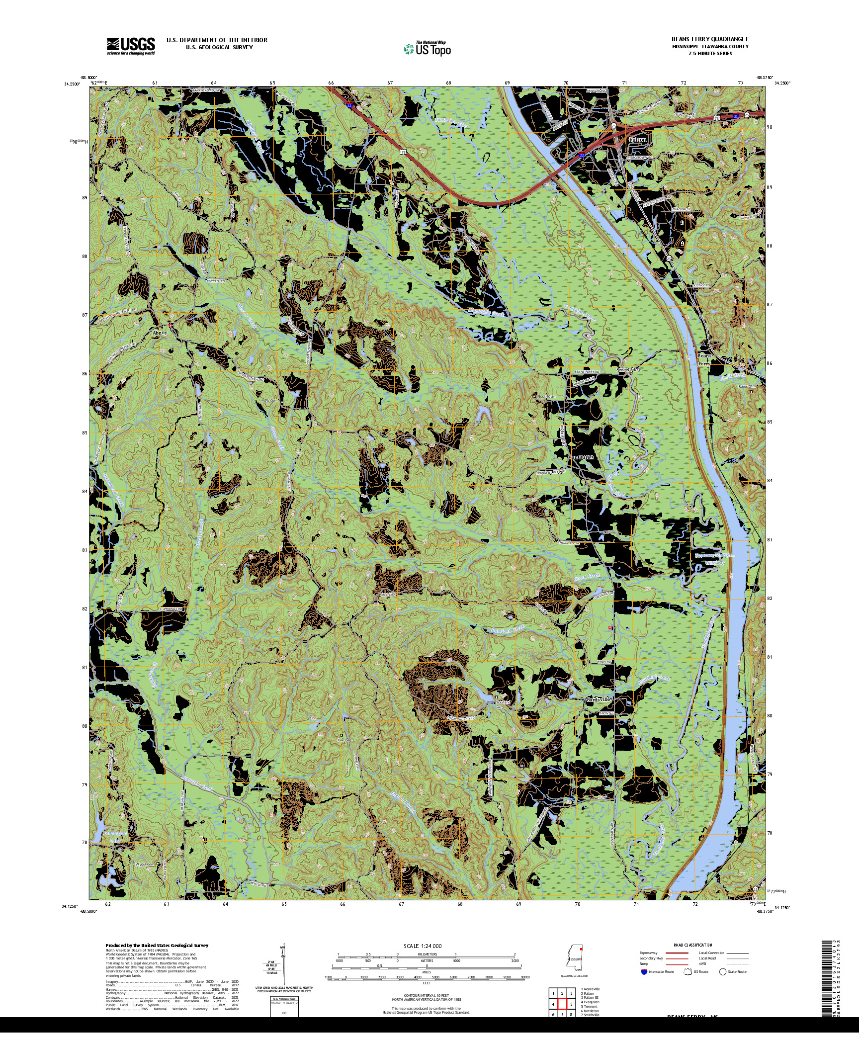 US TOPO 7.5-MINUTE MAP FOR BEANS FERRY, MS