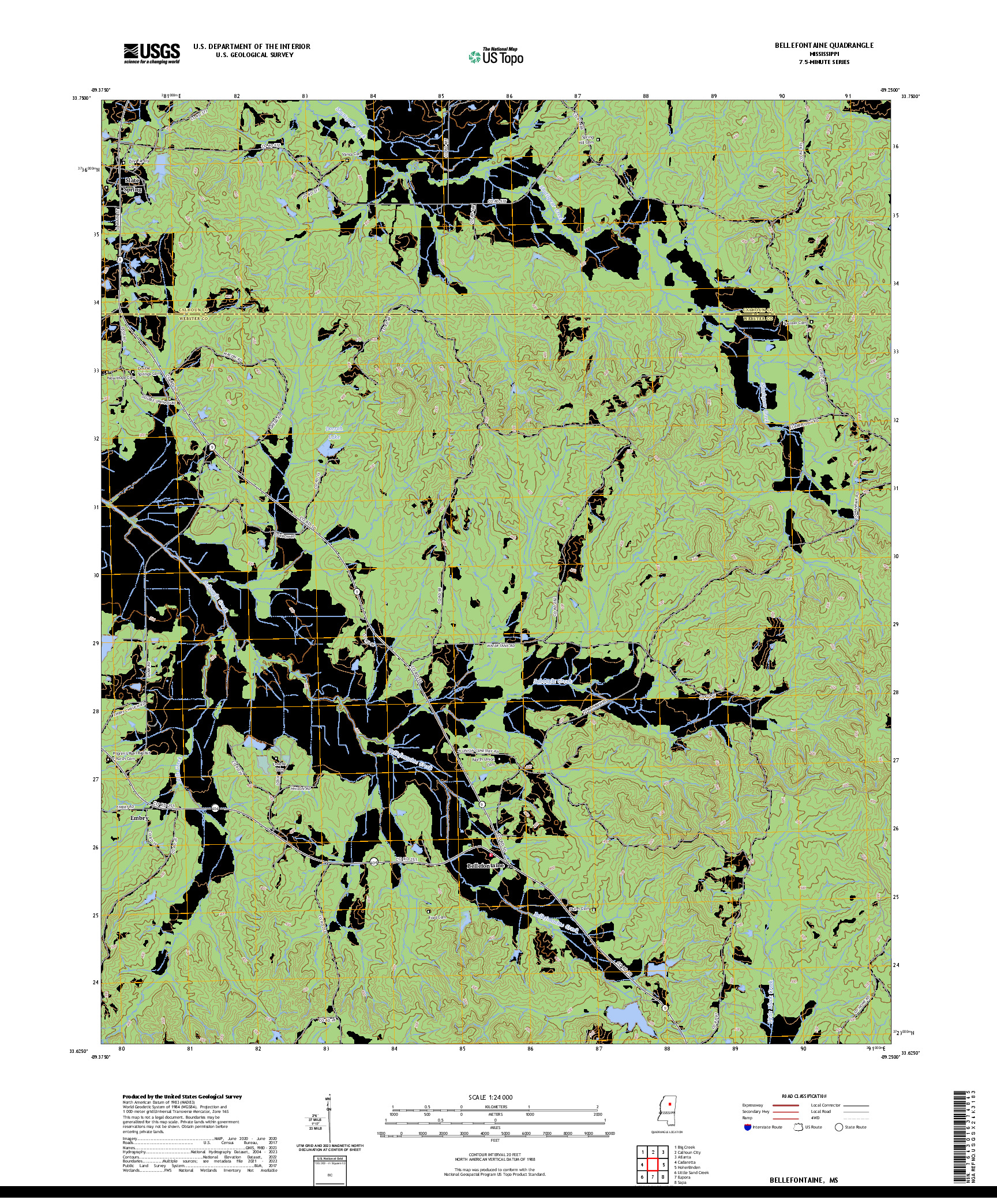 US TOPO 7.5-MINUTE MAP FOR BELLEFONTAINE, MS