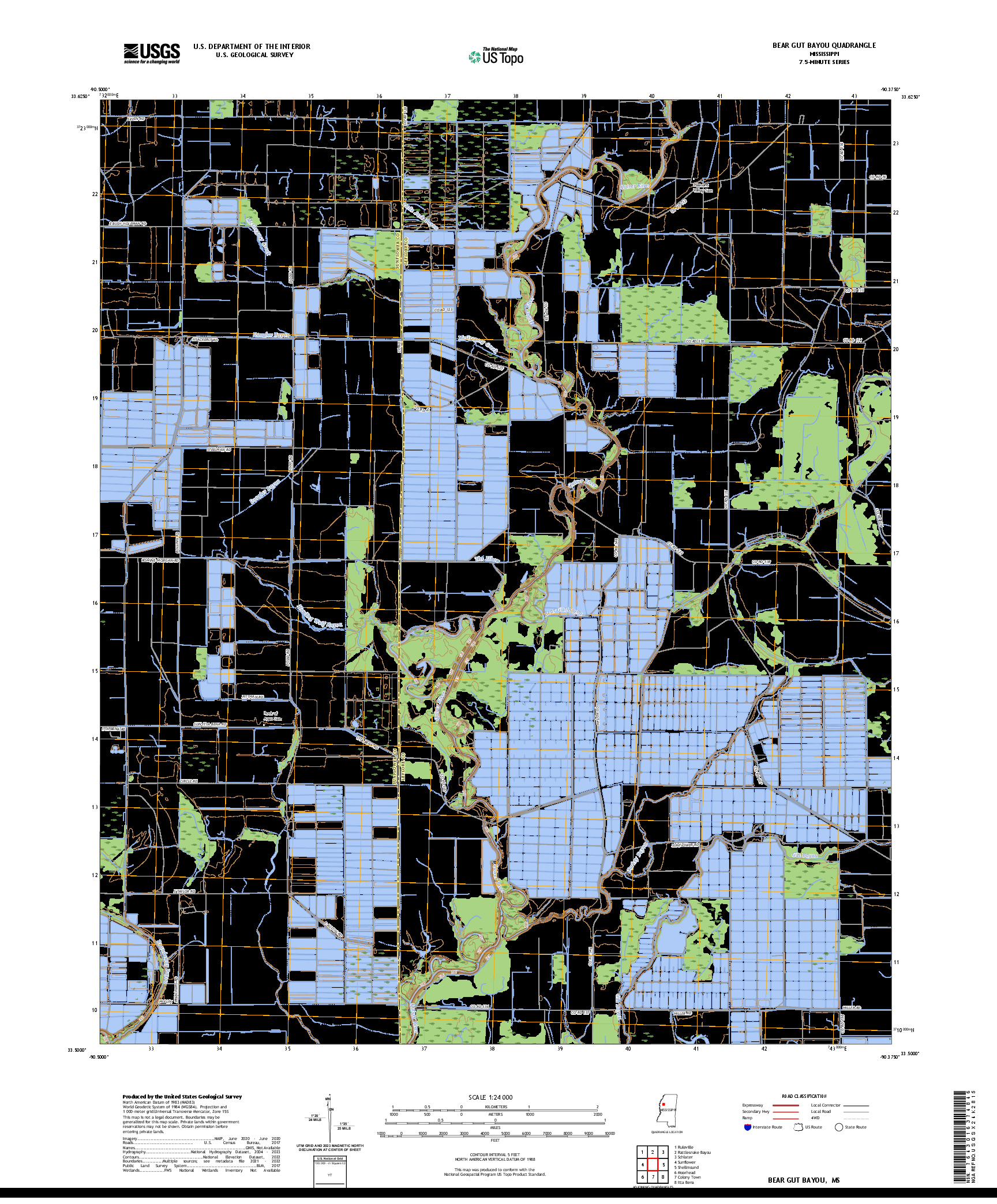 US TOPO 7.5-MINUTE MAP FOR BEAR GUT BAYOU, MS