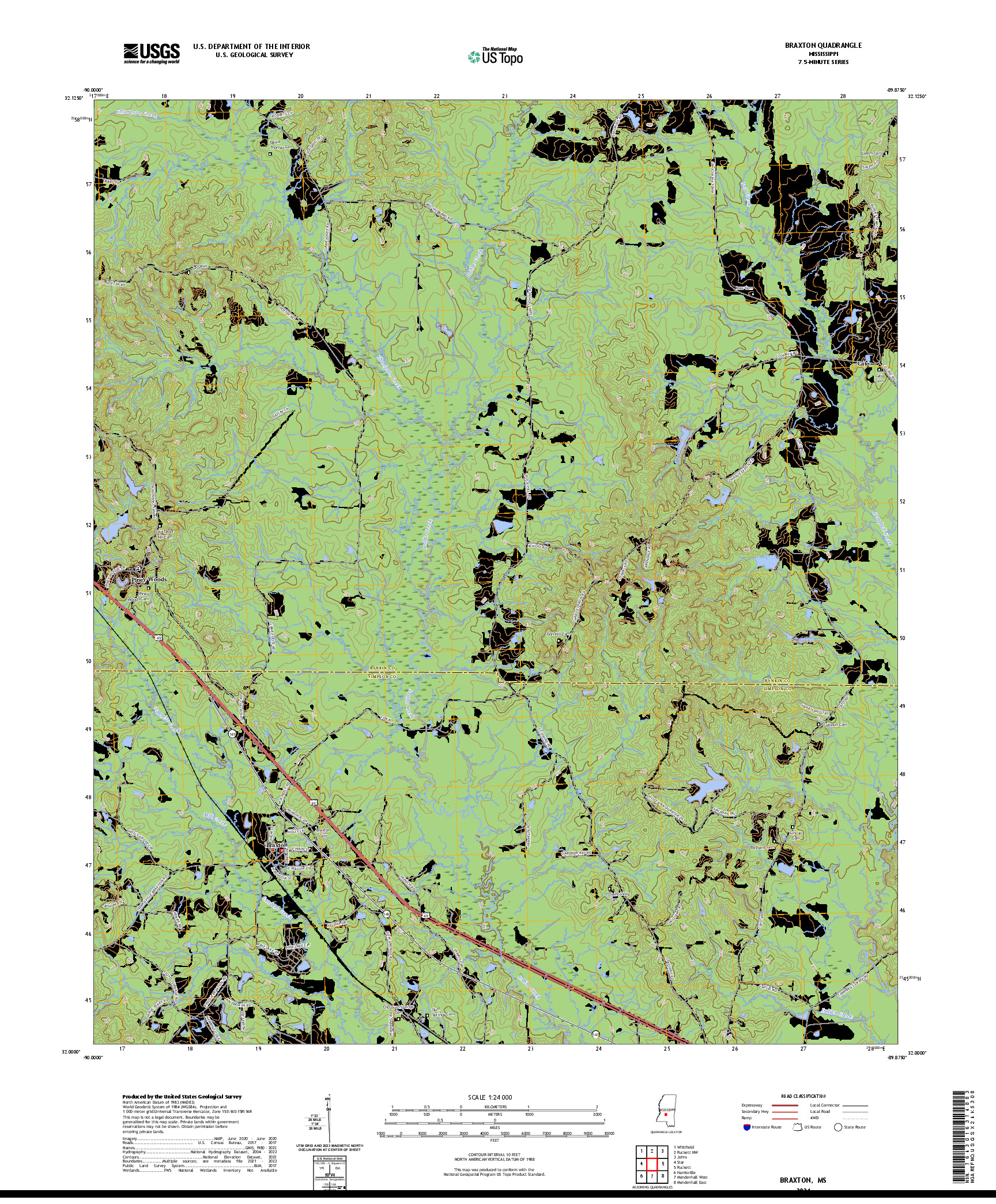 US TOPO 7.5-MINUTE MAP FOR BRAXTON, MS