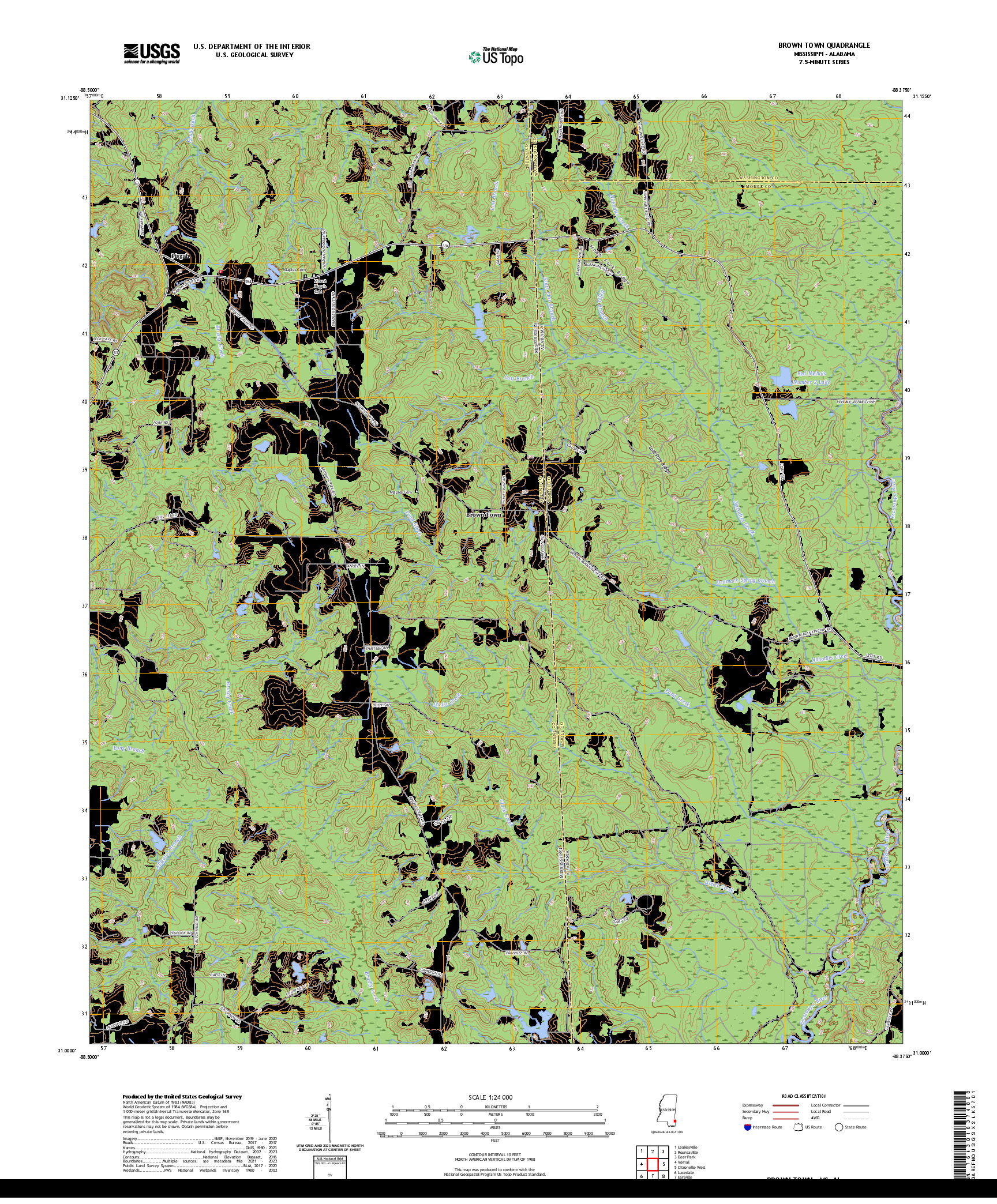 US TOPO 7.5-MINUTE MAP FOR BROWN TOWN, MS,AL