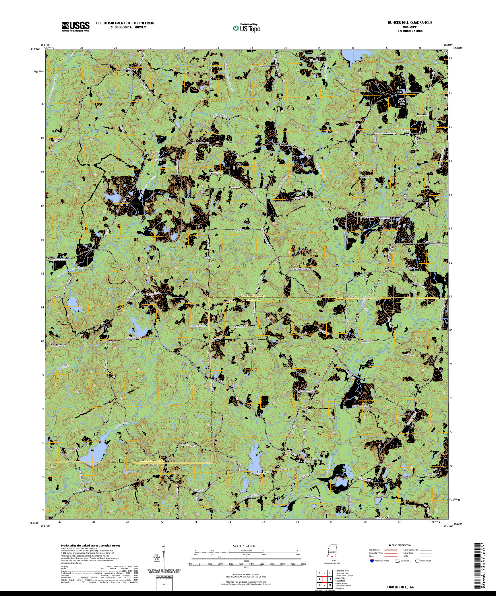 US TOPO 7.5-MINUTE MAP FOR BUNKER HILL, MS