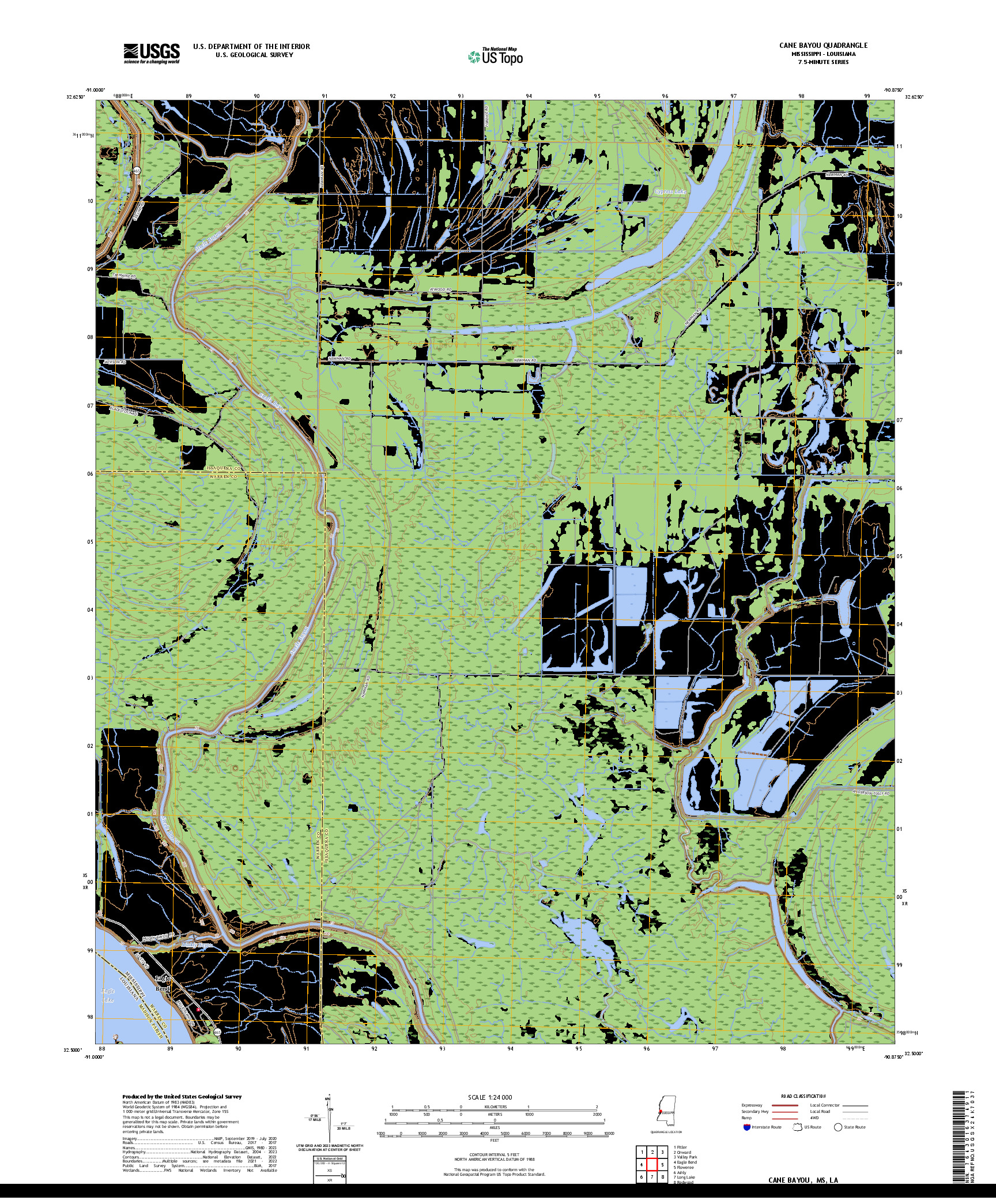 US TOPO 7.5-MINUTE MAP FOR CANE BAYOU, MS,LA